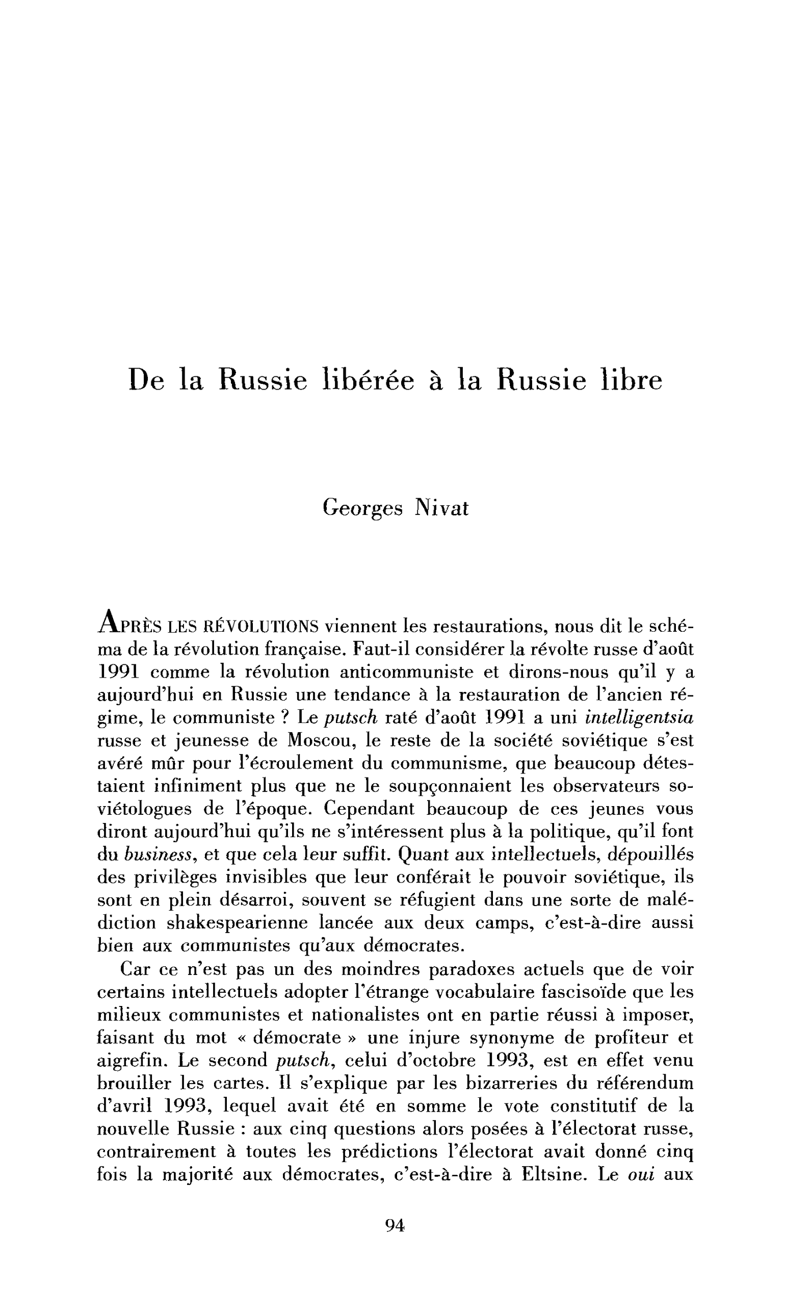 De la Russie libérée à la Russie libre