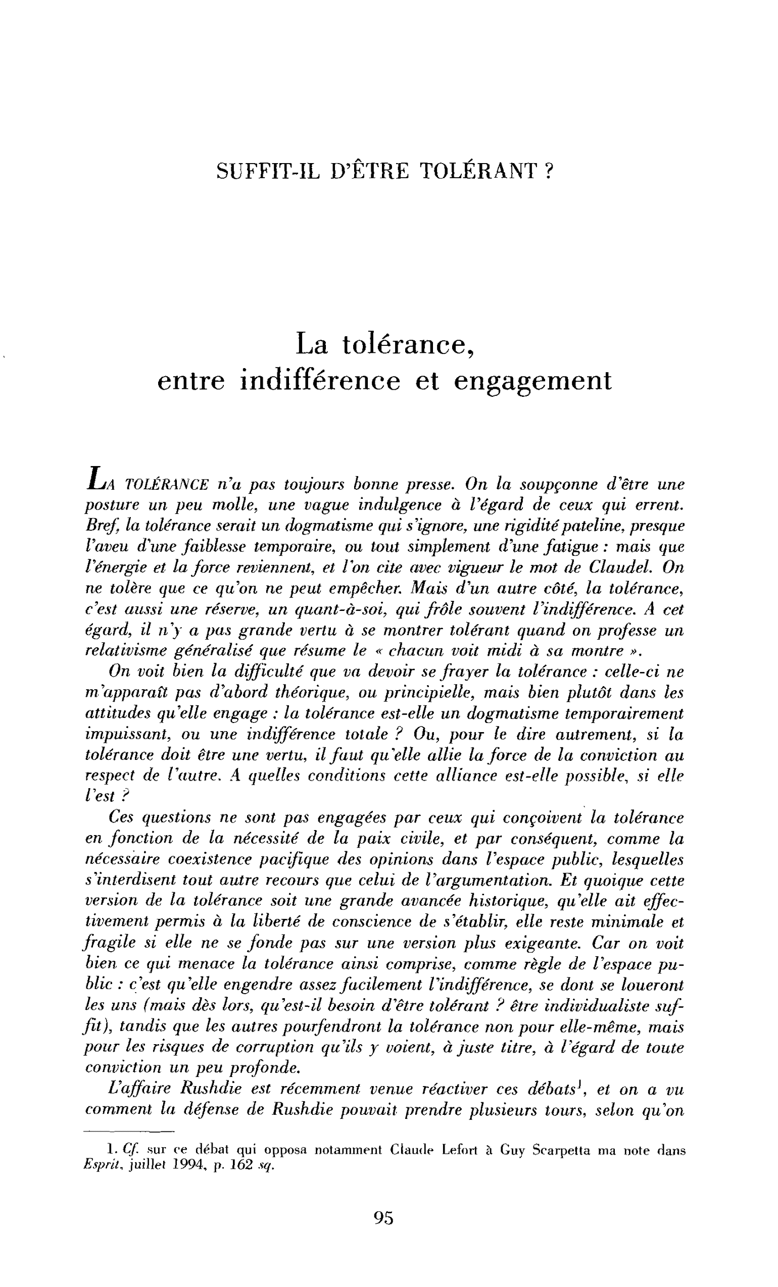La tolérance, entre indifférence et engagement