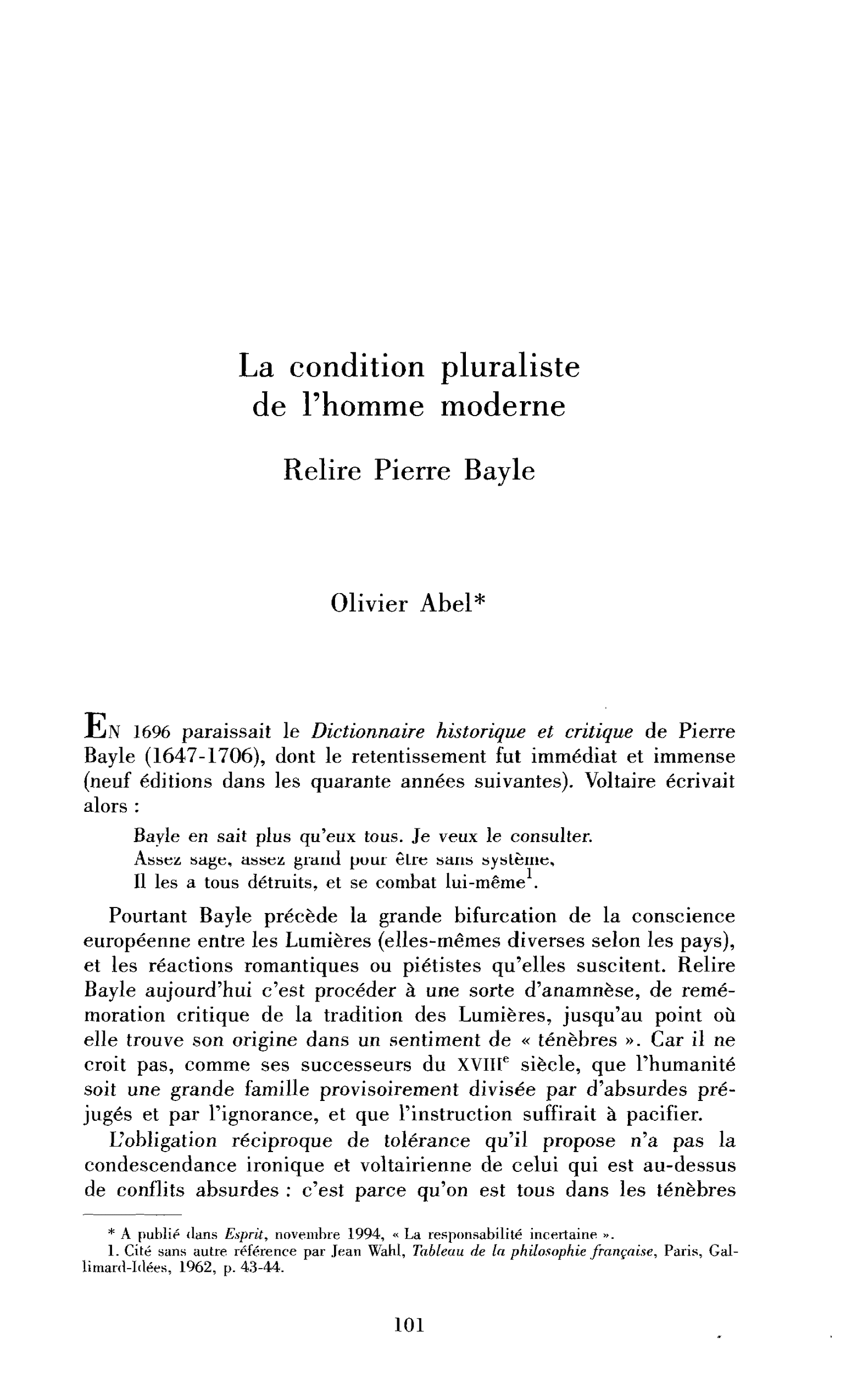 La condition pluraliste de l’homme moderne. Relire Pierre Bayle