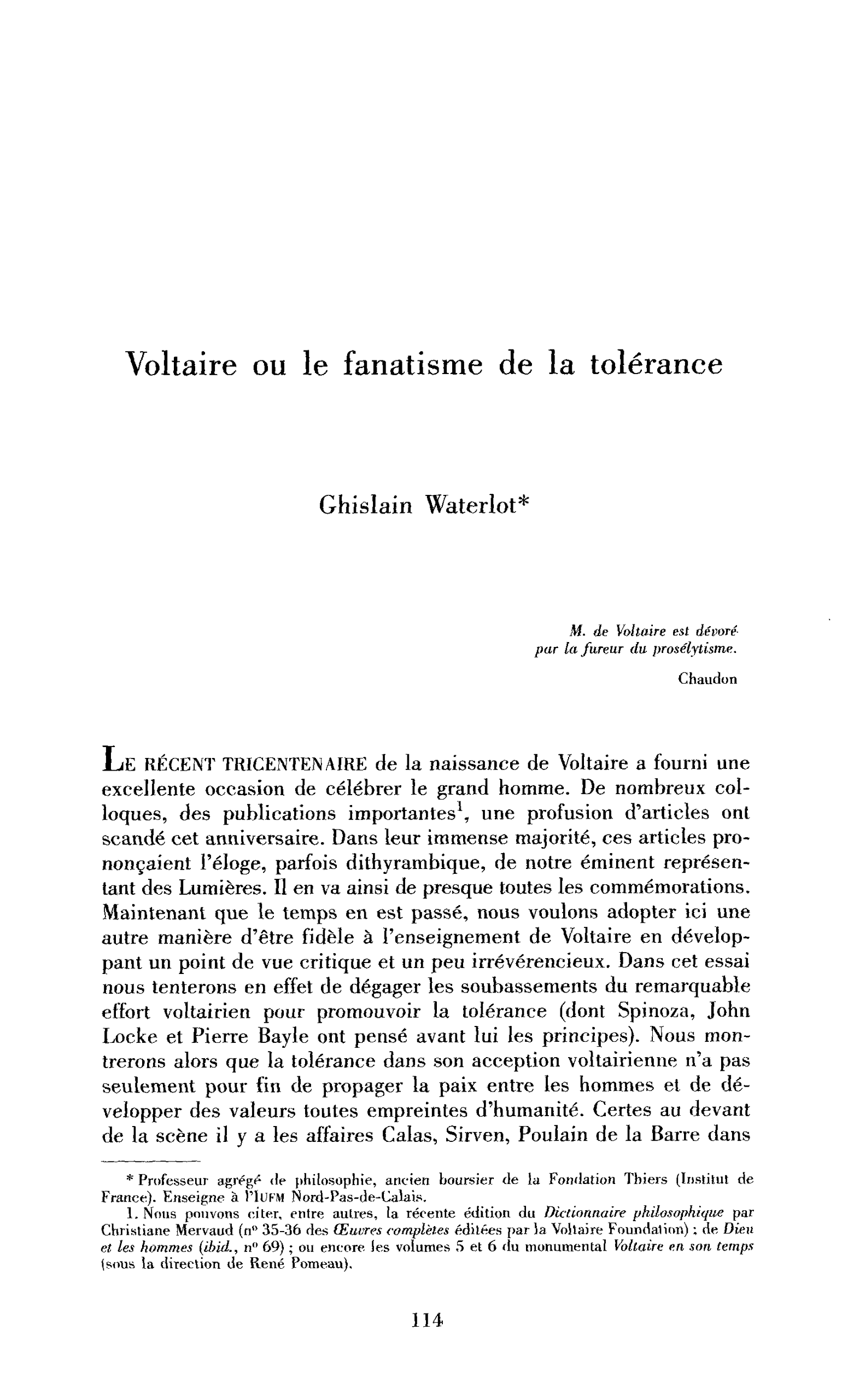 Voltaire ou le fanatisme de la tolérance