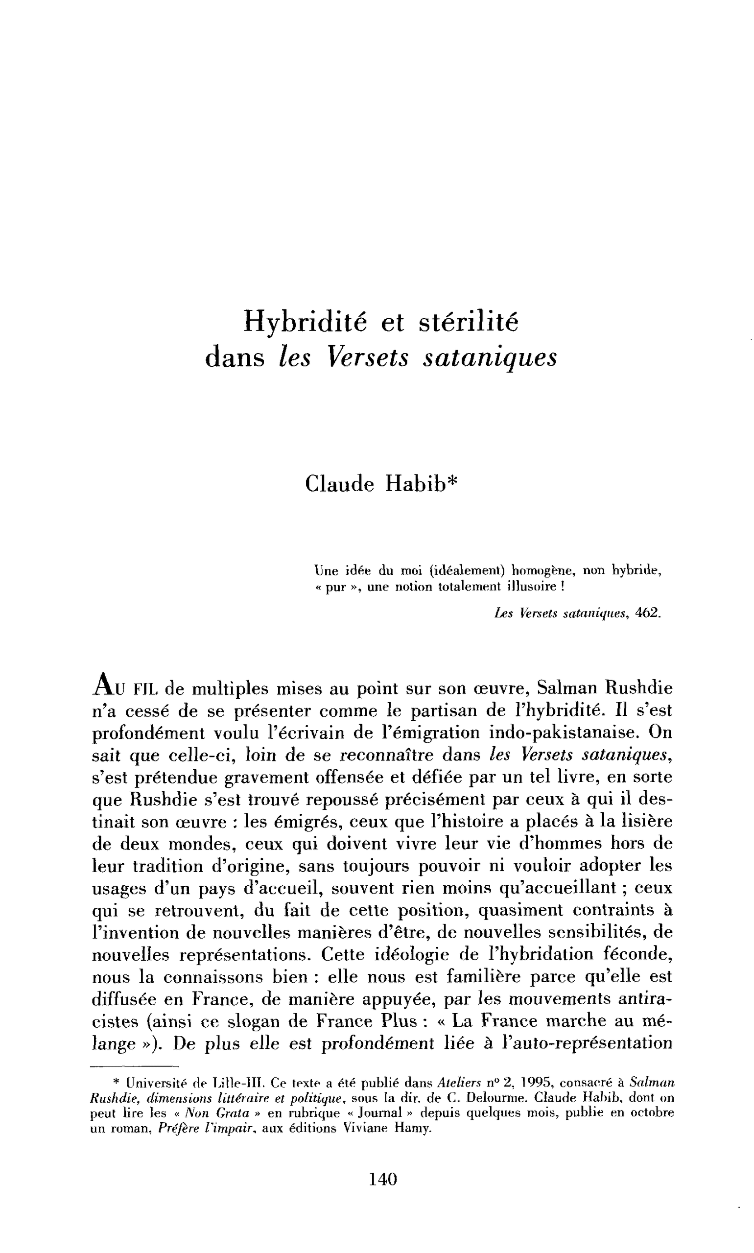 Hybridité et stérilité dans les Versets sataniques