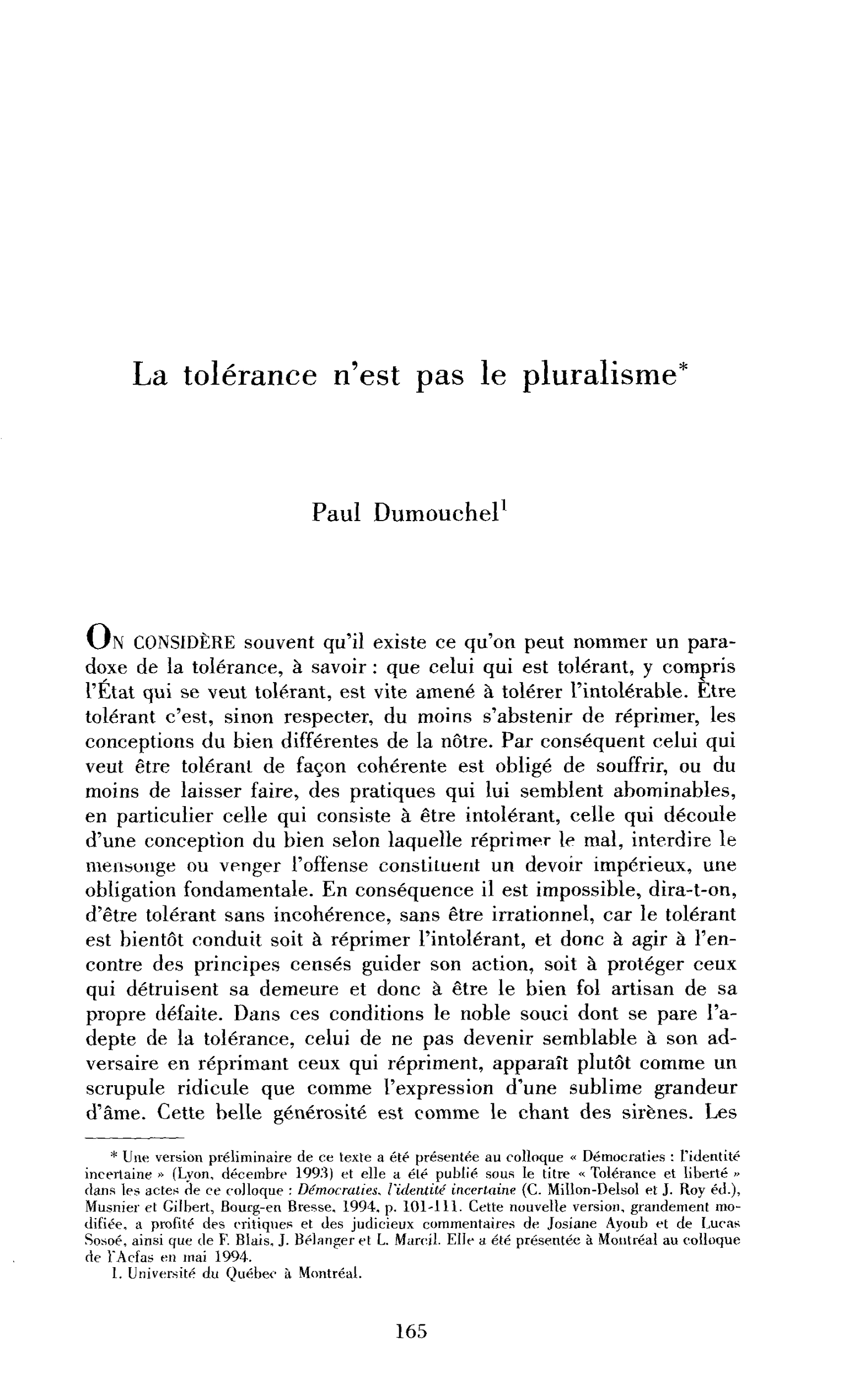 La tolérance n’est pas le pluralisme