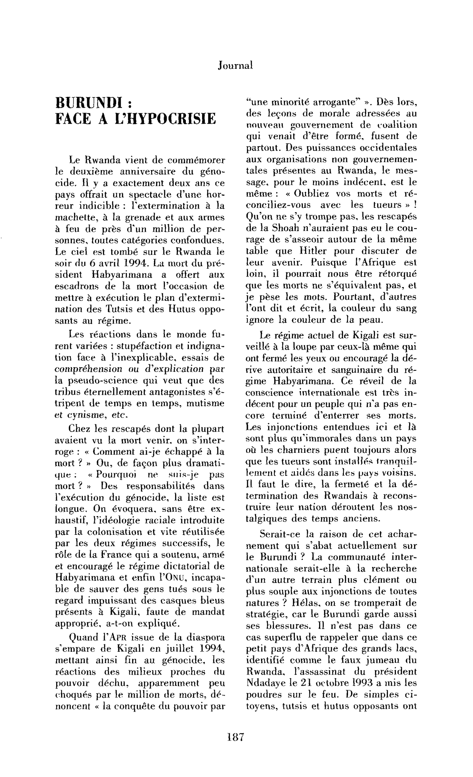 Burundi : face à l’hypocrisie