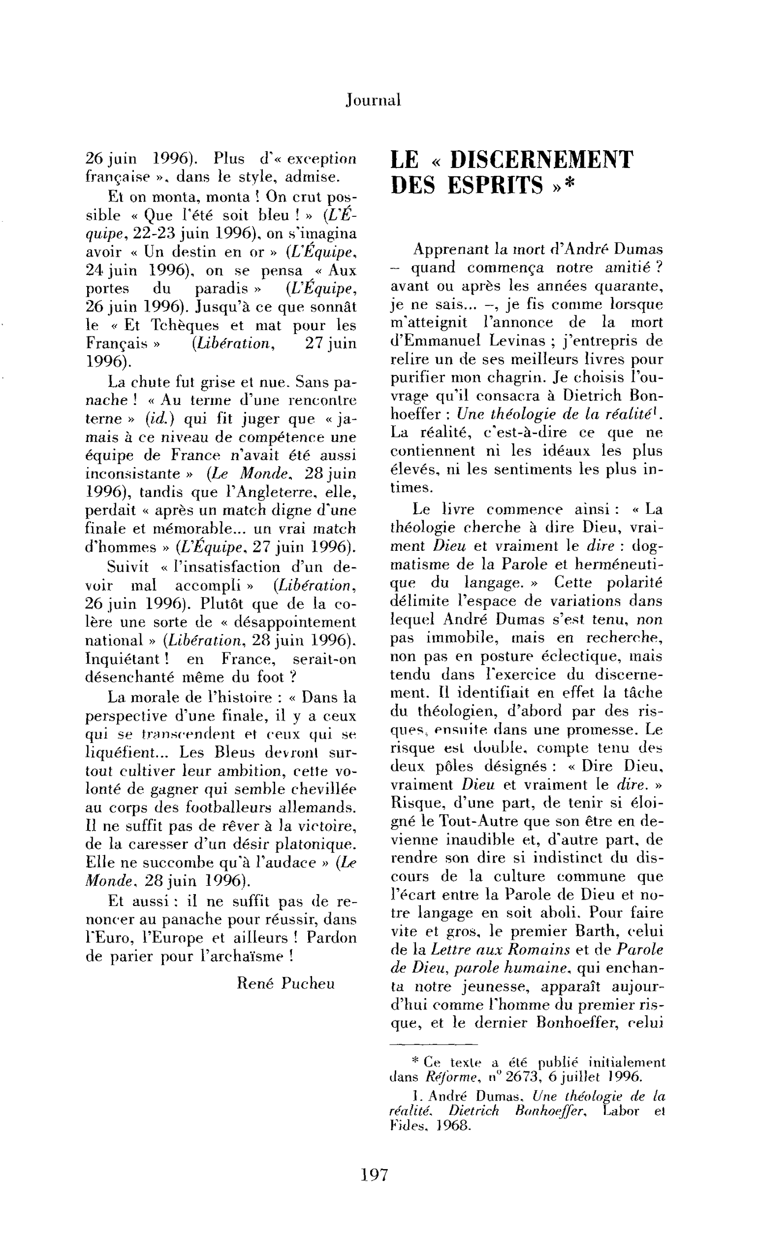 André Dumas. Le « discernement des esprits »
