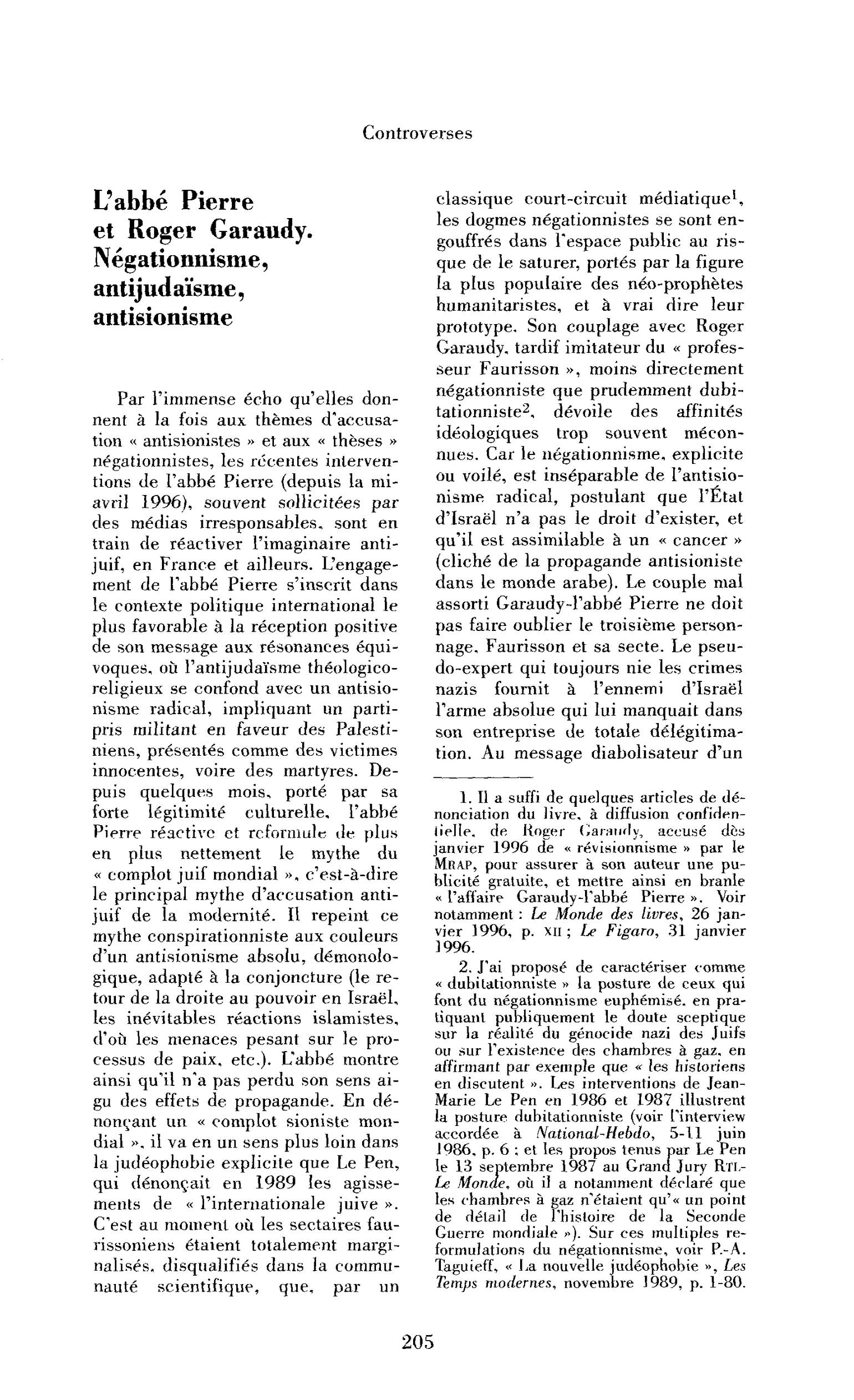 L’abbé Pierre et Roger Garaudy. Négationnisme, antijudaïsme, antisionisme