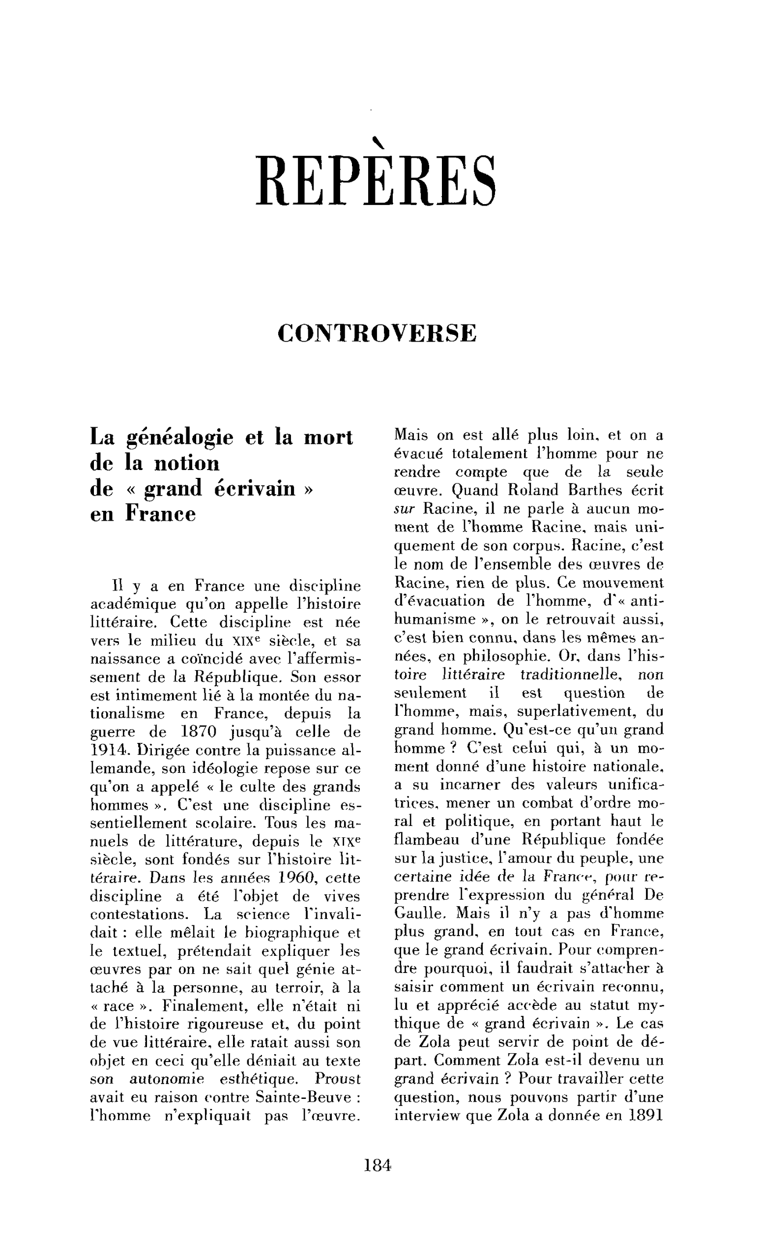 La généalogie et la mort de la notion de « grand écrivain » en France