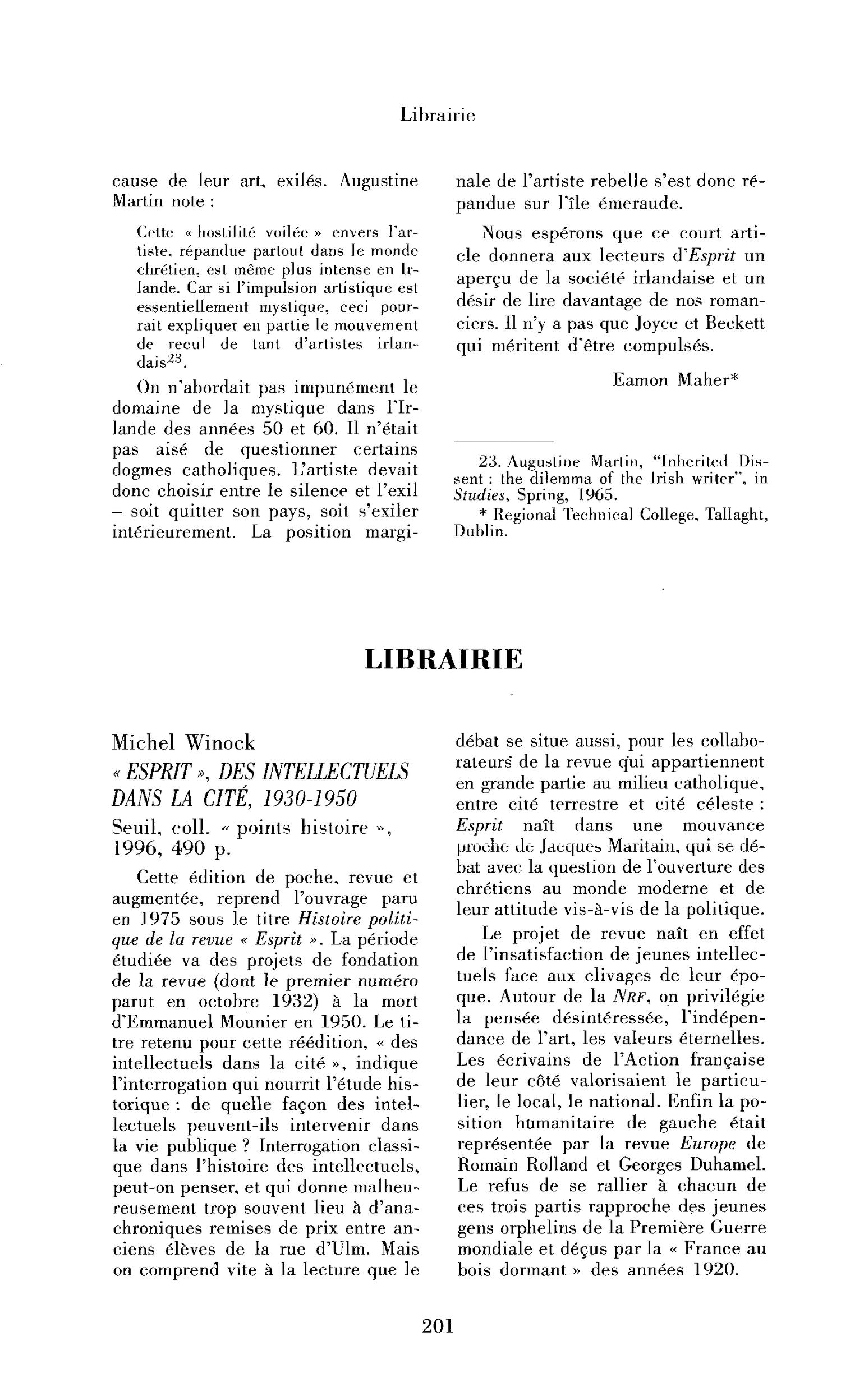 Michel Winock : Esprit, des intellectuels dans la cité, 1930-1950