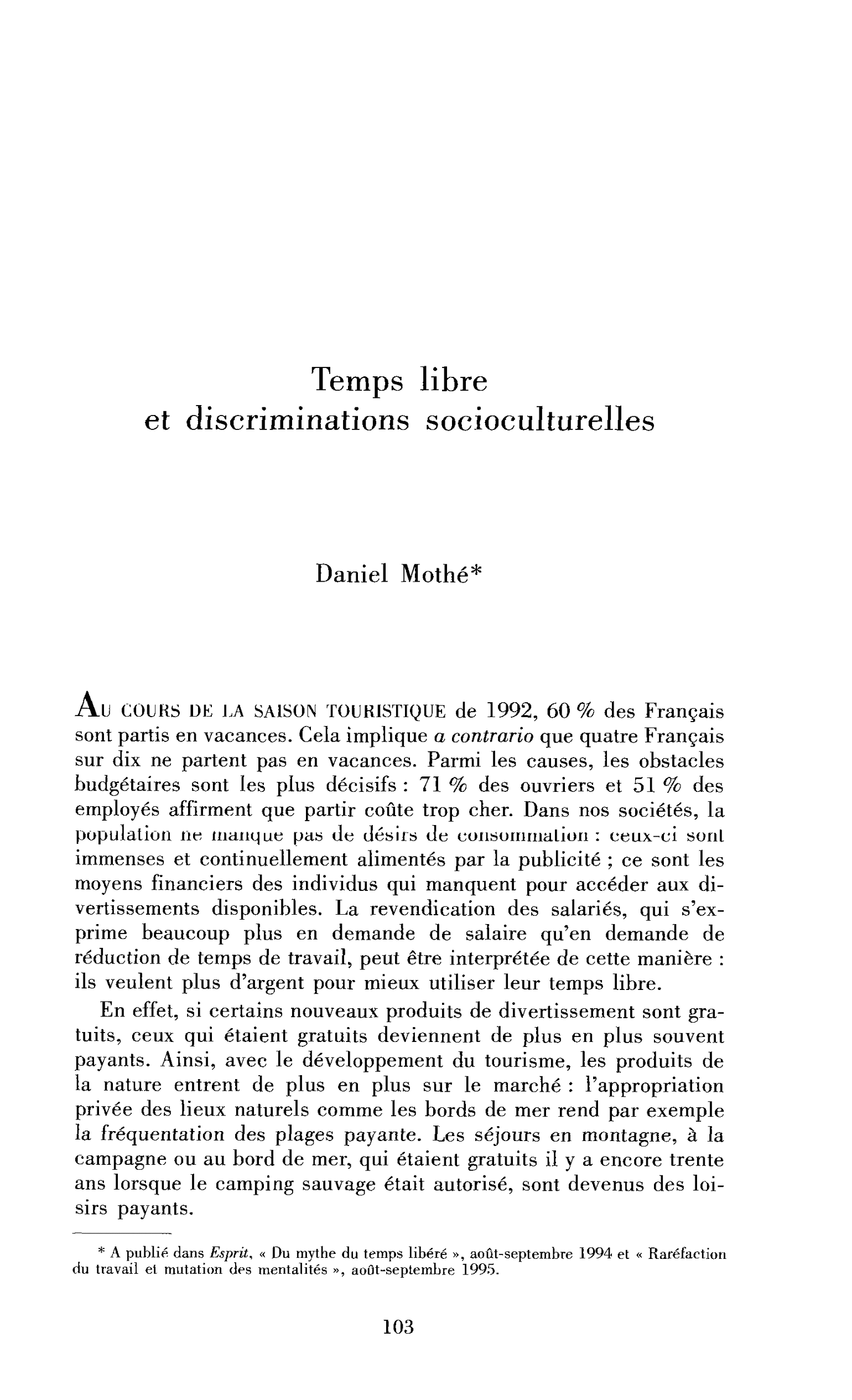 Temps libre et discriminations socioculturelles