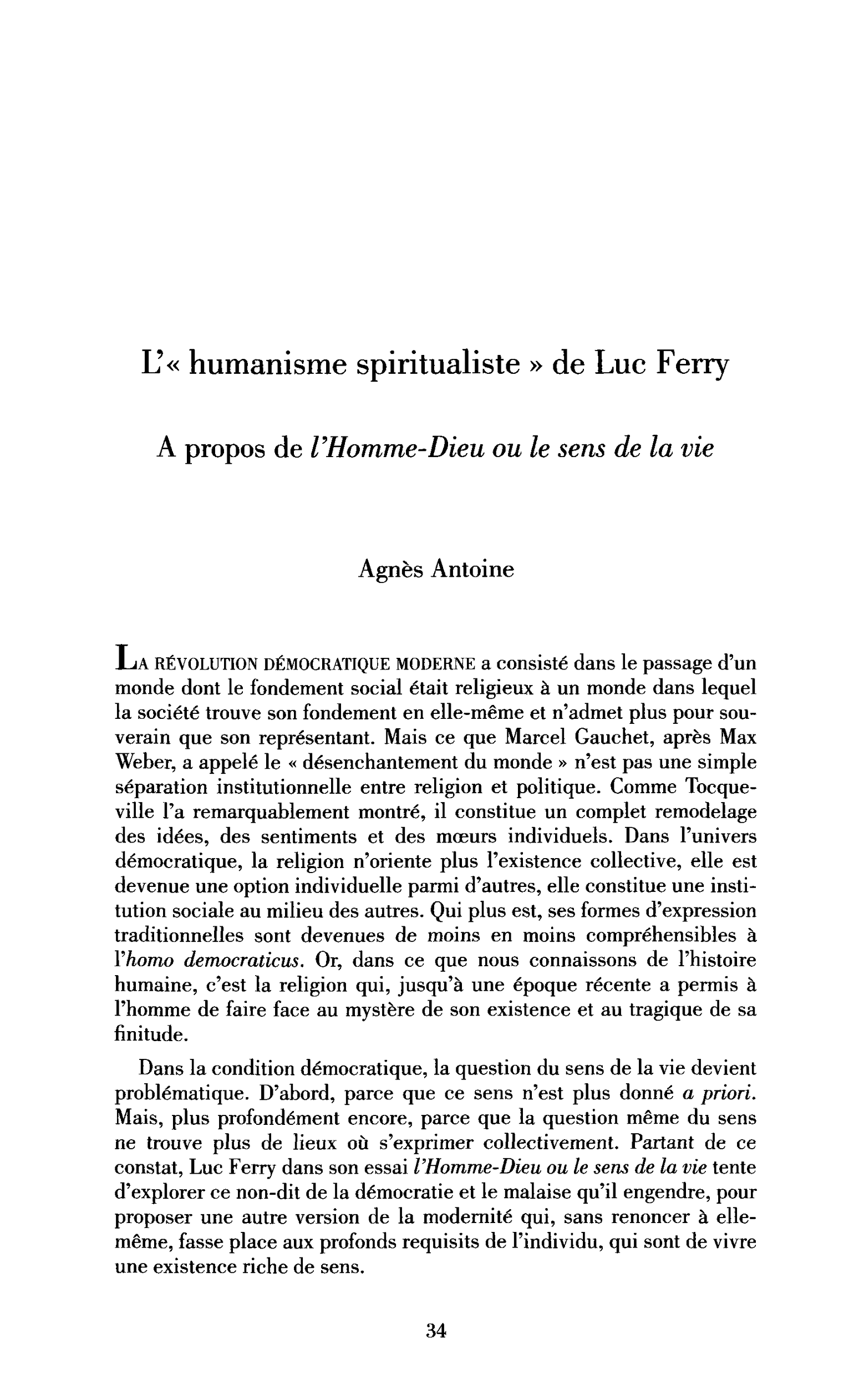 L’« humanisme spiritualiste » de Luc Ferry
