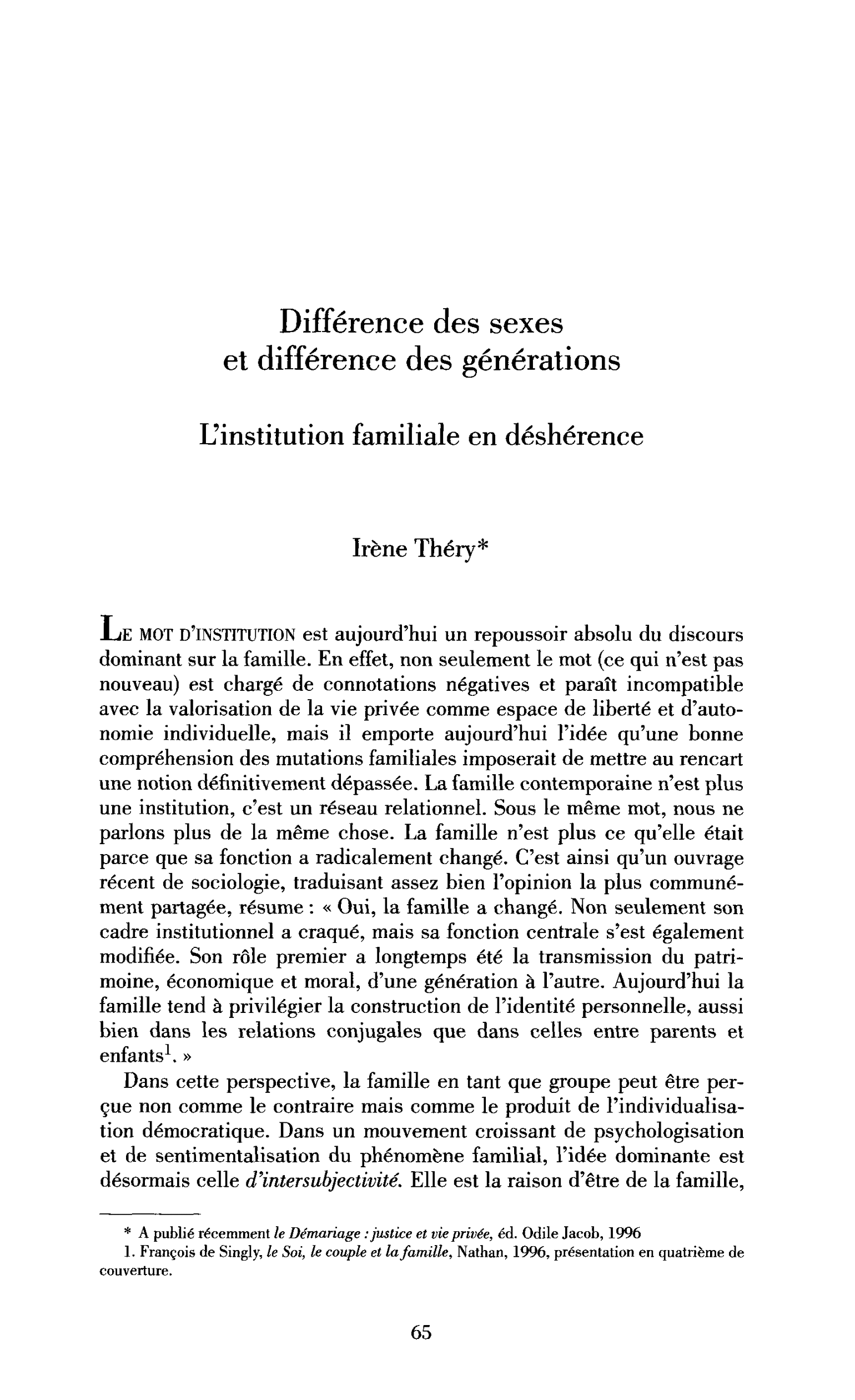 Différence des sexes et différence des générations. L’institution familiale en déshérence