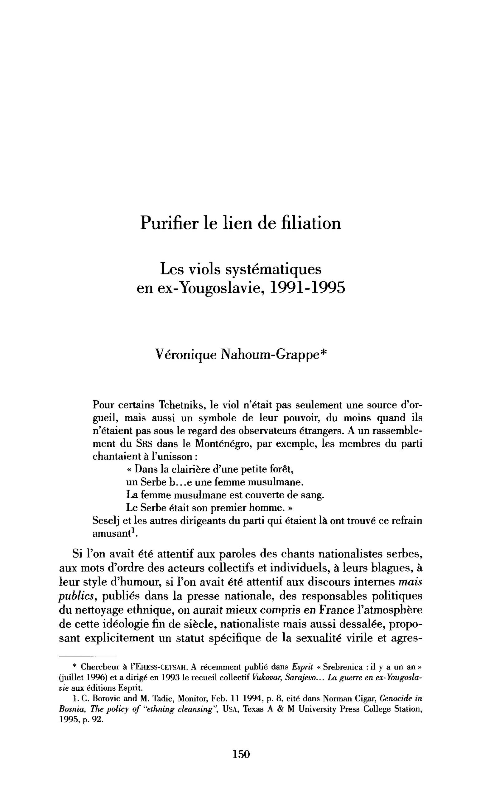 Purifier le lien de filiation. Les viols systématiques en ex-Yougoslavie, 1991-1995
