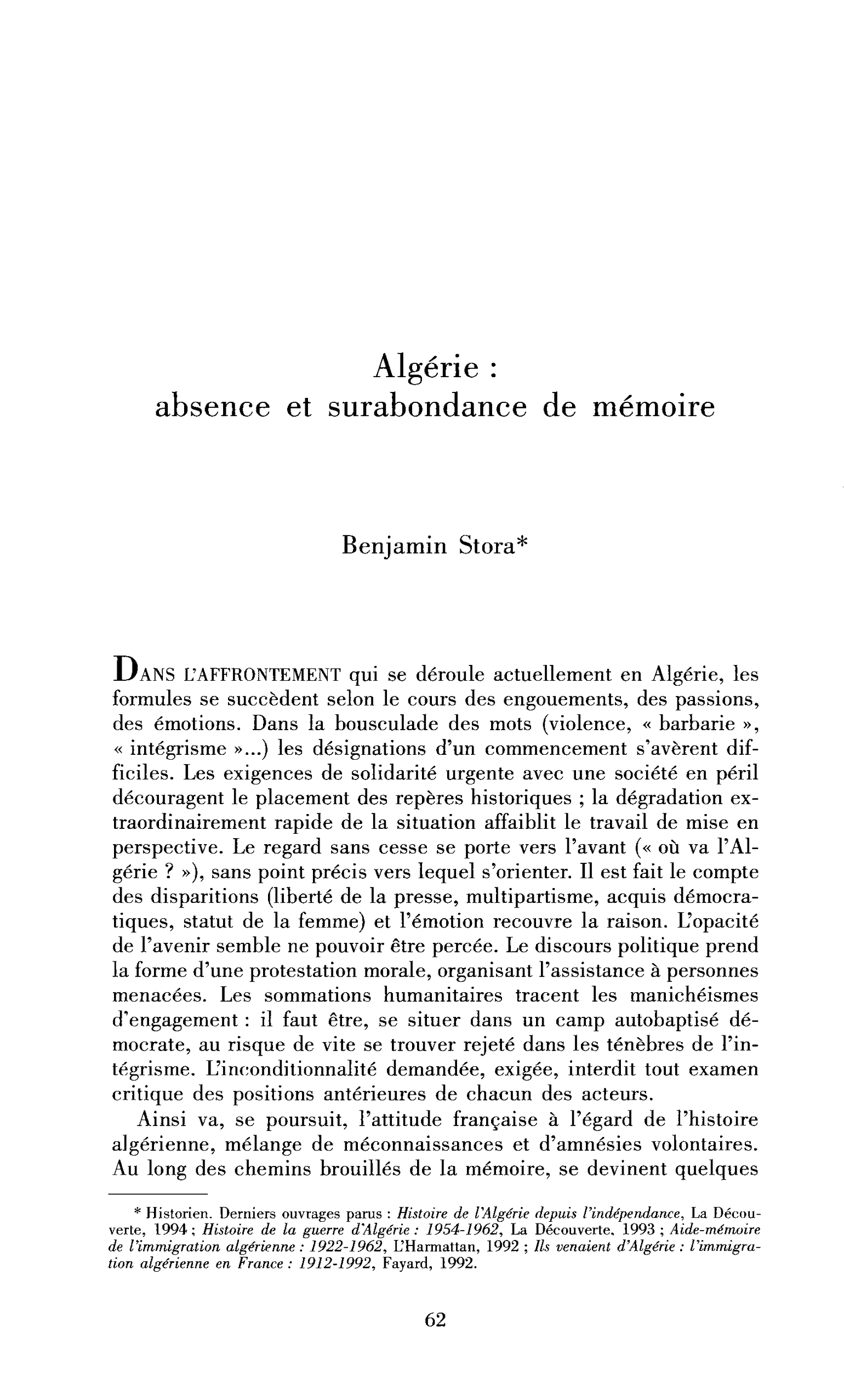Algérie : absence et surabondance de mémoire