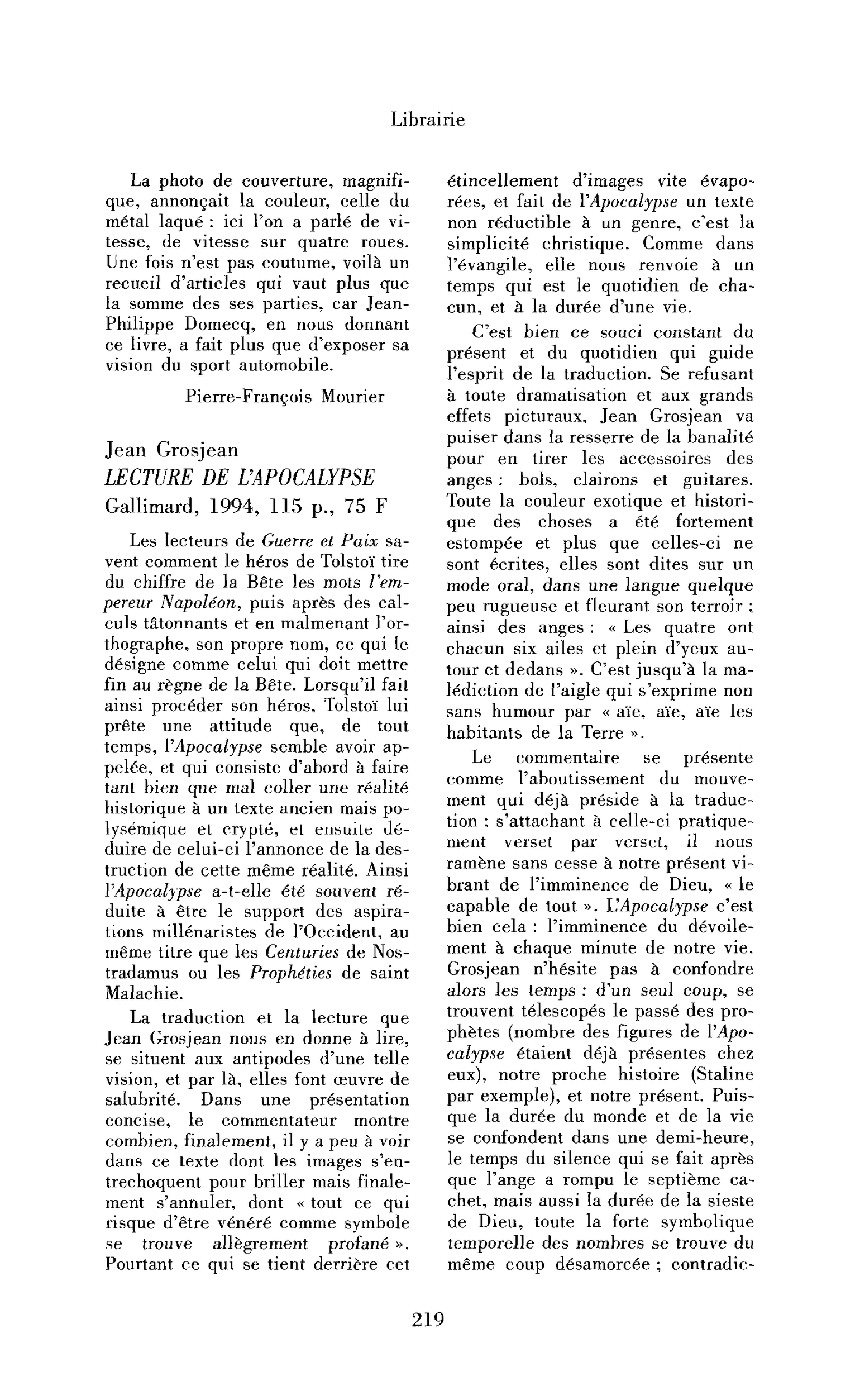 Jean Grosjean : Lecture de l’apocalypse