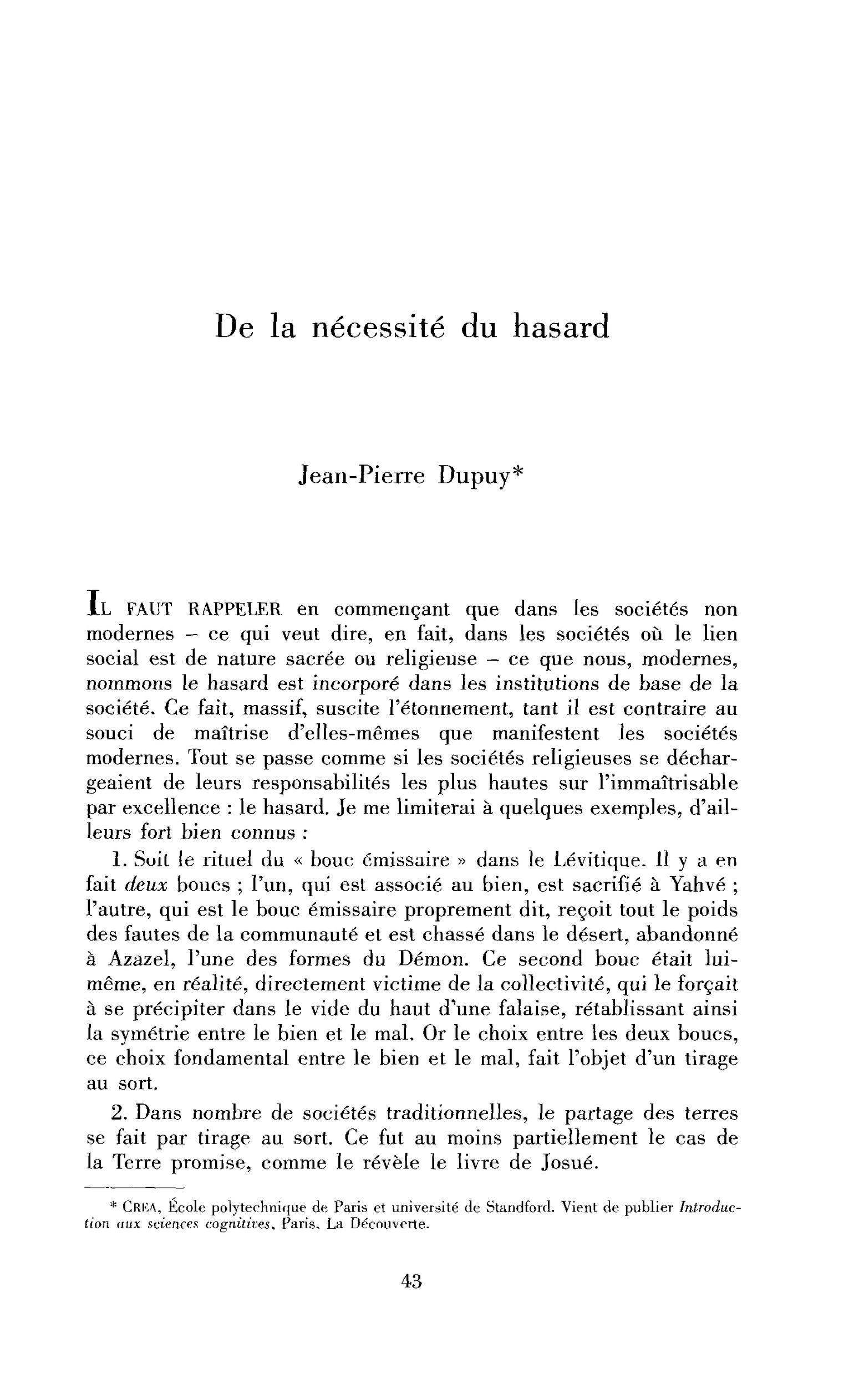 De la nécessité du hasard