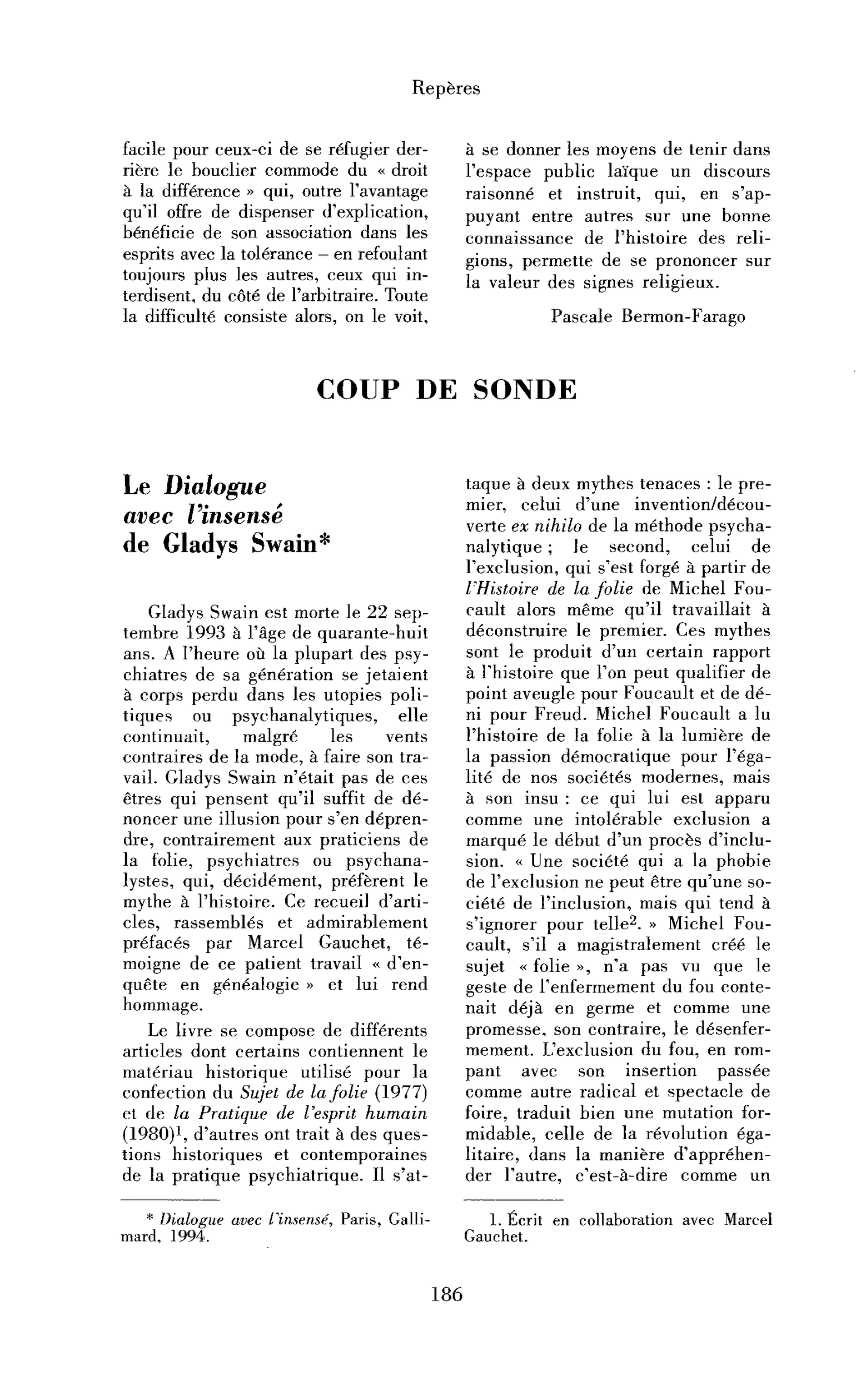 Le Dialogue avec l’insensé de Gladys Swain