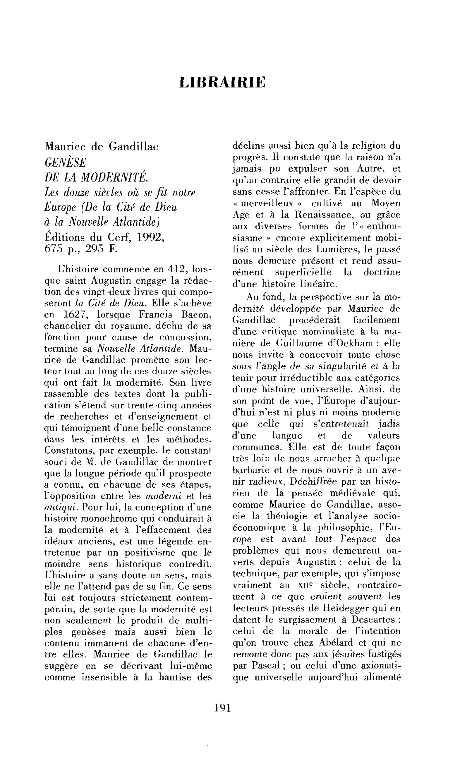 Maurice de Gandillac : Genèse de la modernité. Les douze siècles où se fit notre Europe (De la Cité de Dieu à la Nouvelle Atlantide)