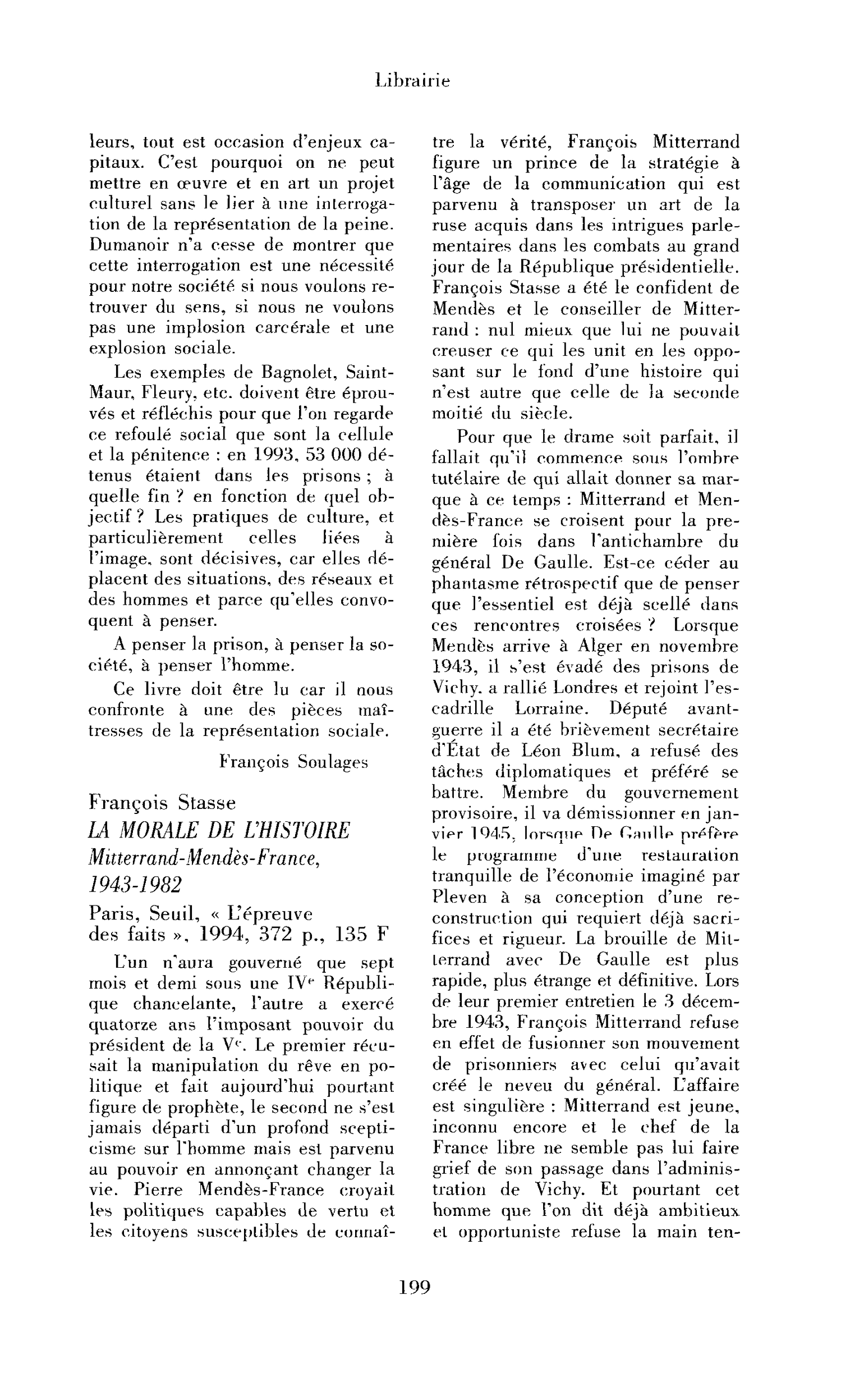 François Stasse : la Morale de l’Histoire. Mitterrand-Mendès-France, 1943-1982