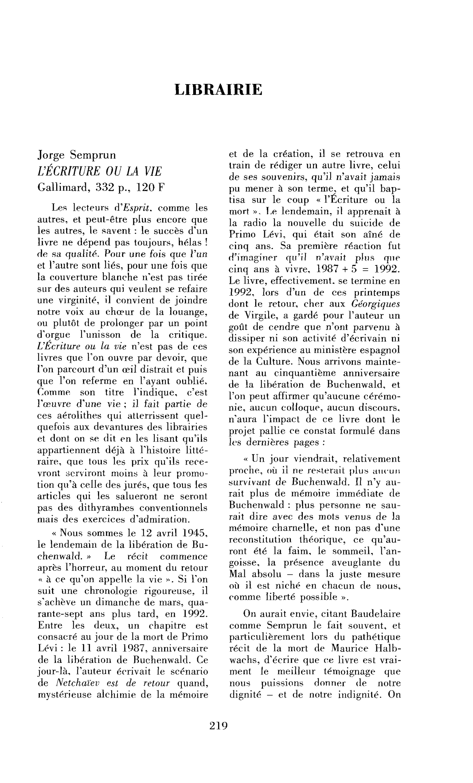 Jorge Semprun : l’Écriture ou la vie