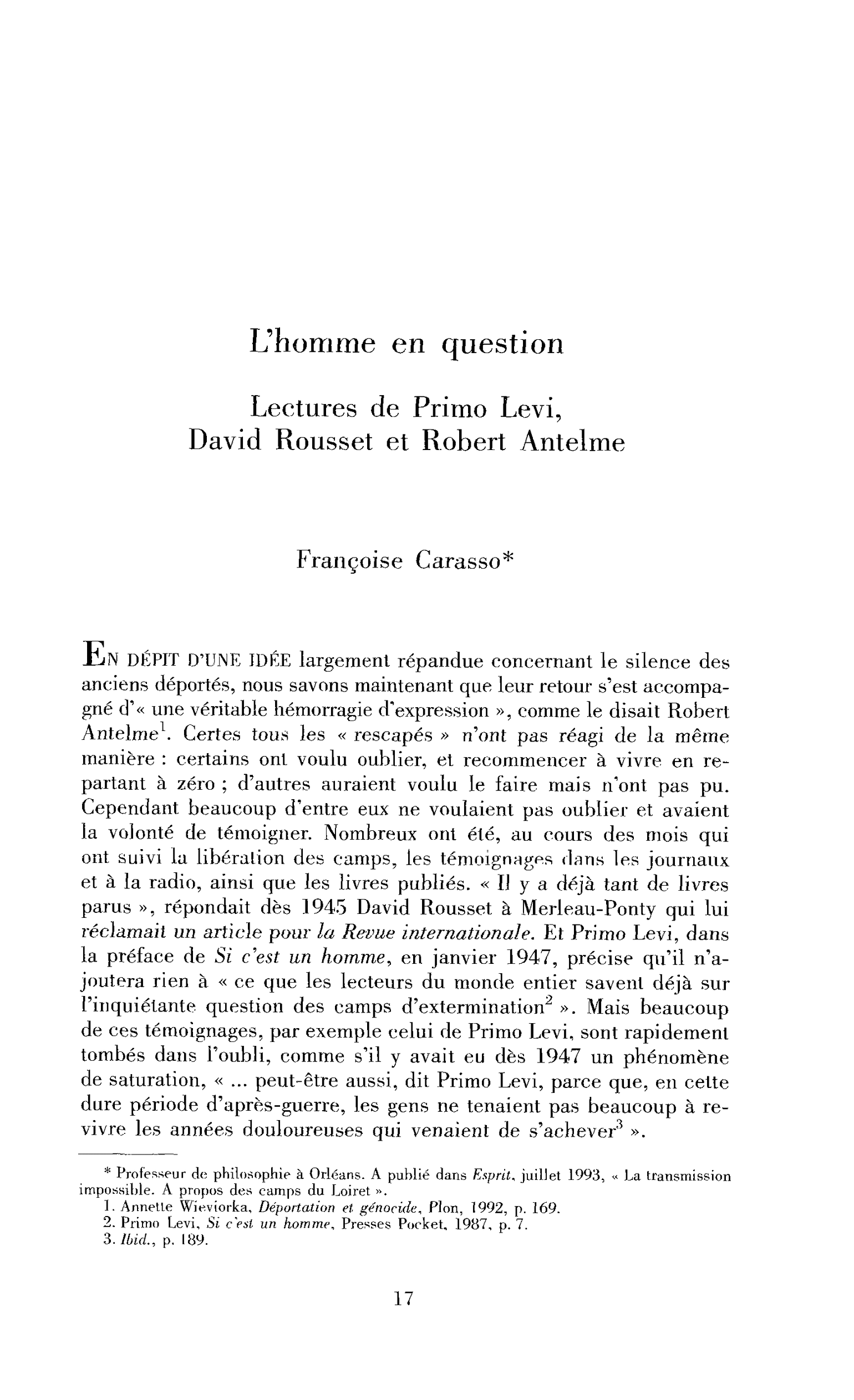 L’homme en question. Lectures de Primo Levi, David Rousset et Robert Antelme