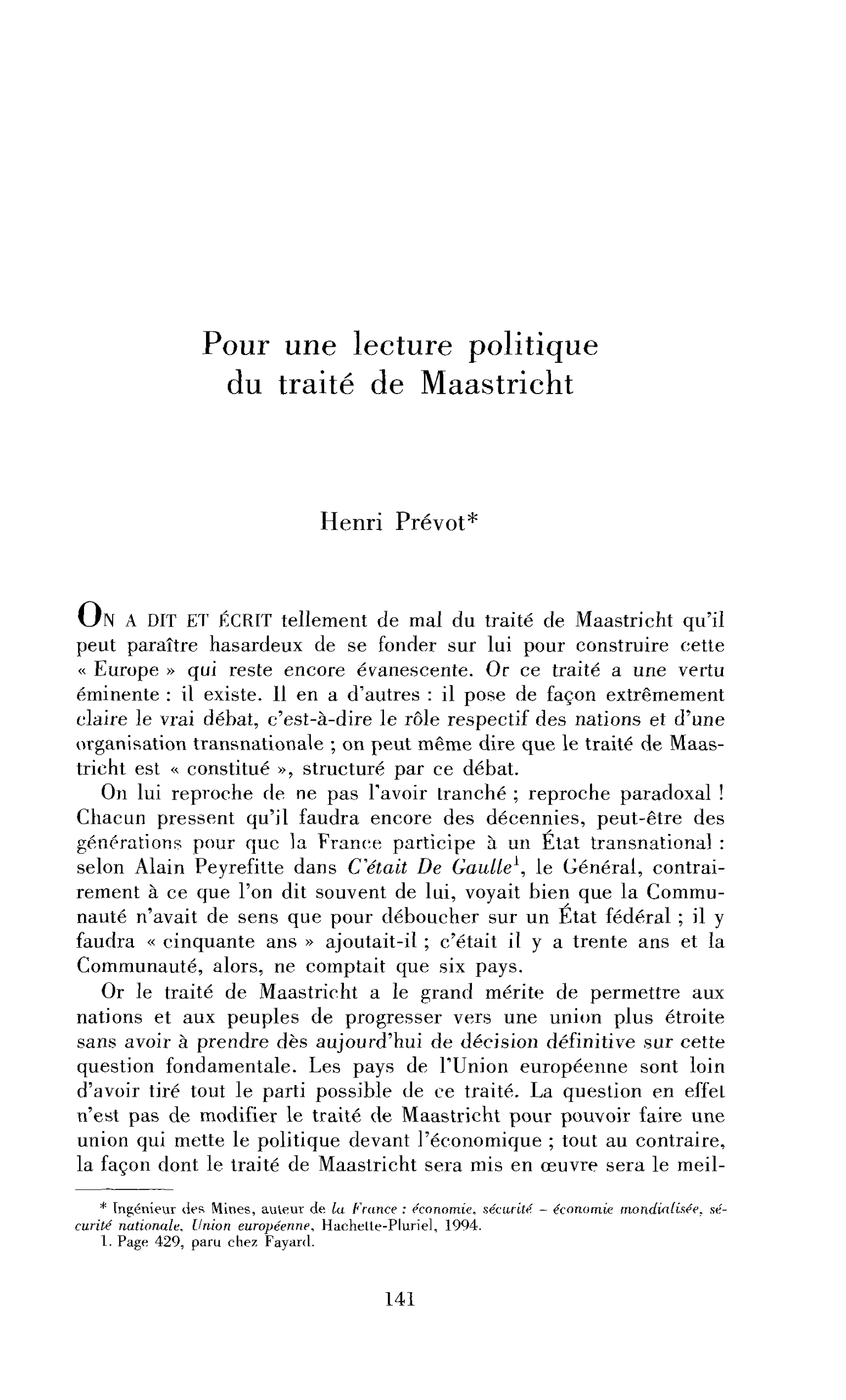 Pour une lecture politique du traité de Maastricht