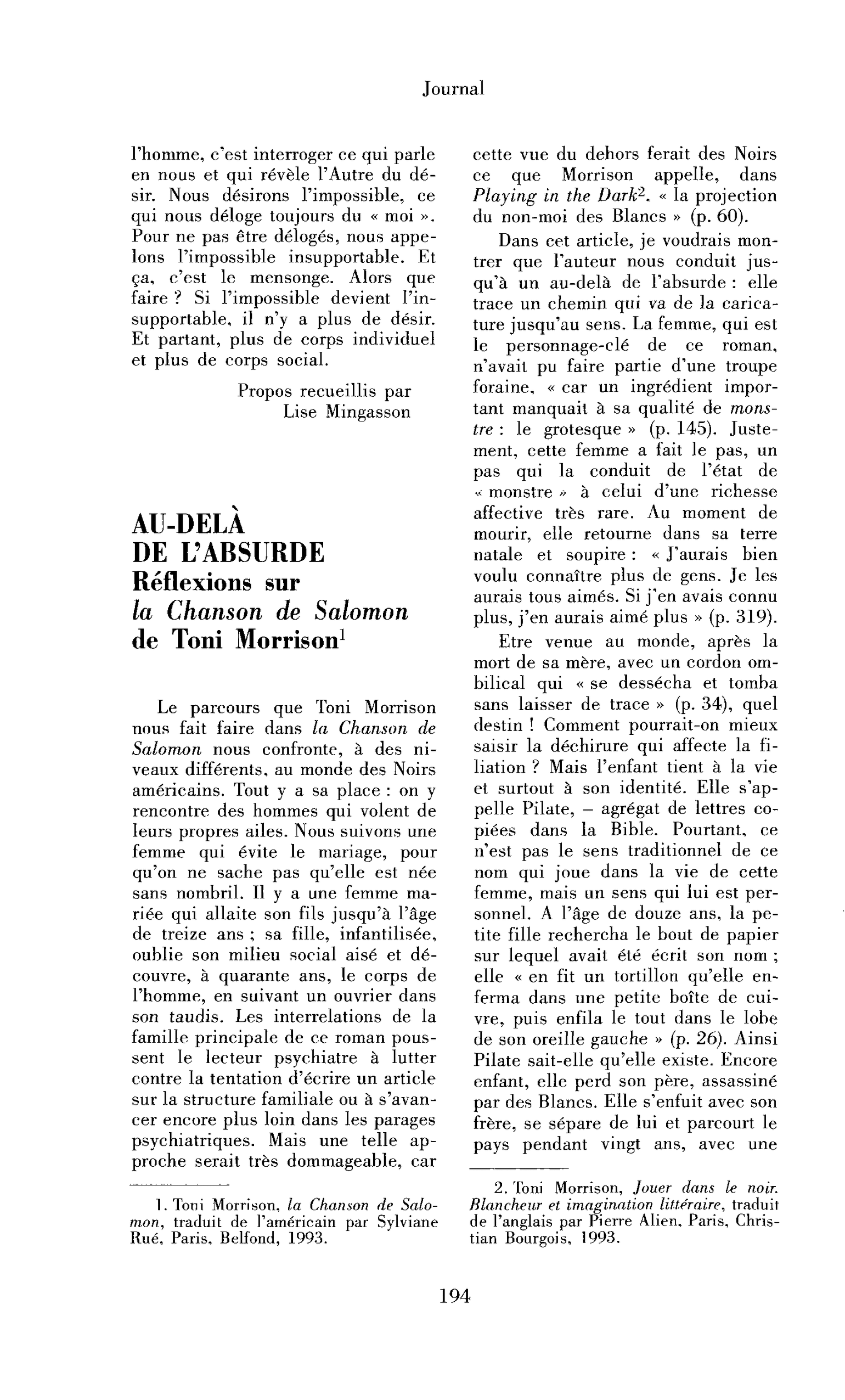Au-delà de l’absurde. Réflexions sur la Chanson de Salomon de Toni Morrison