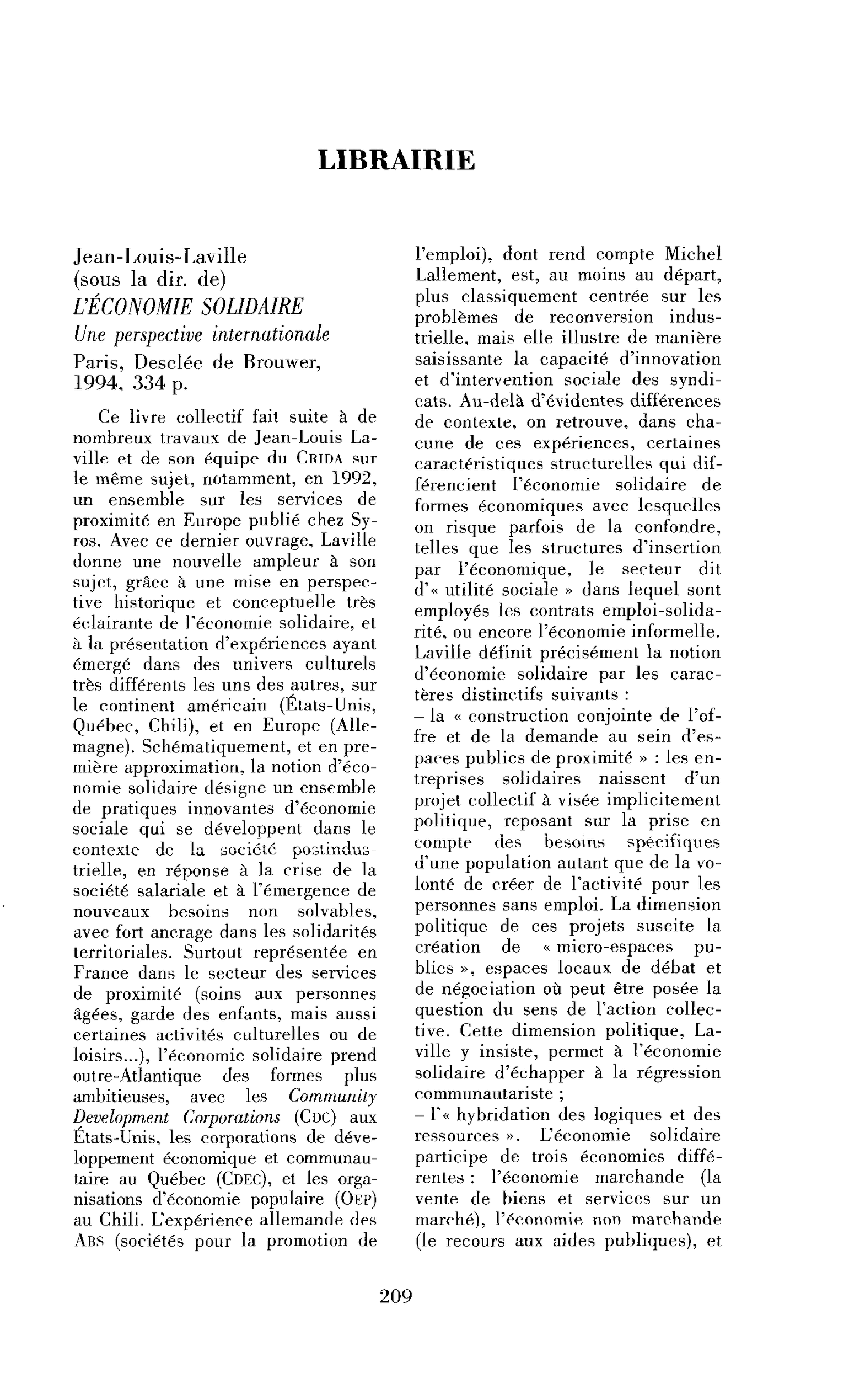 Jean-Louis Laville (sous la dir. de) : l’Économie solidaire. Une perspective internationale