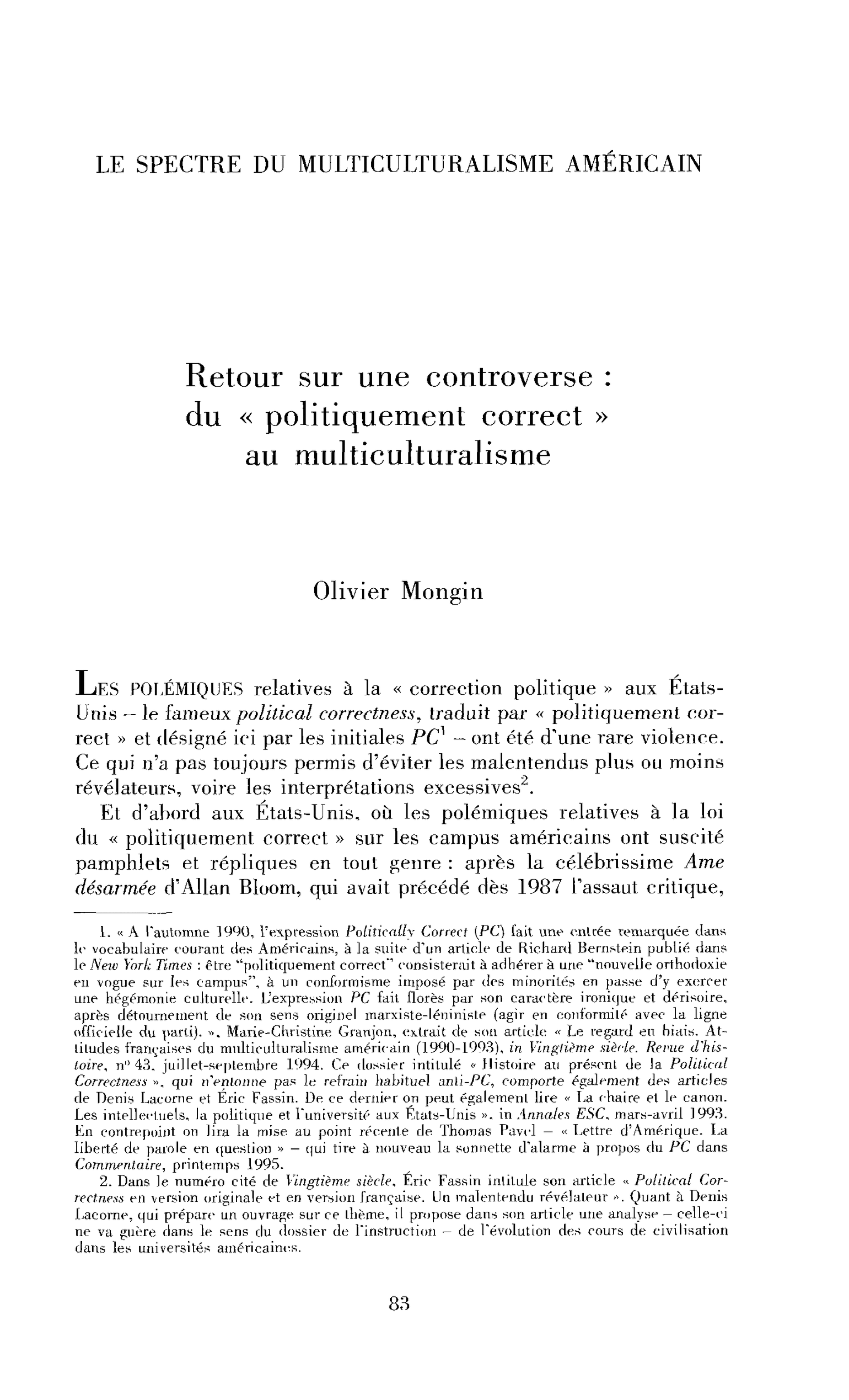 Retour sur une controverse : du « politiquement correct » au multiculturalisme