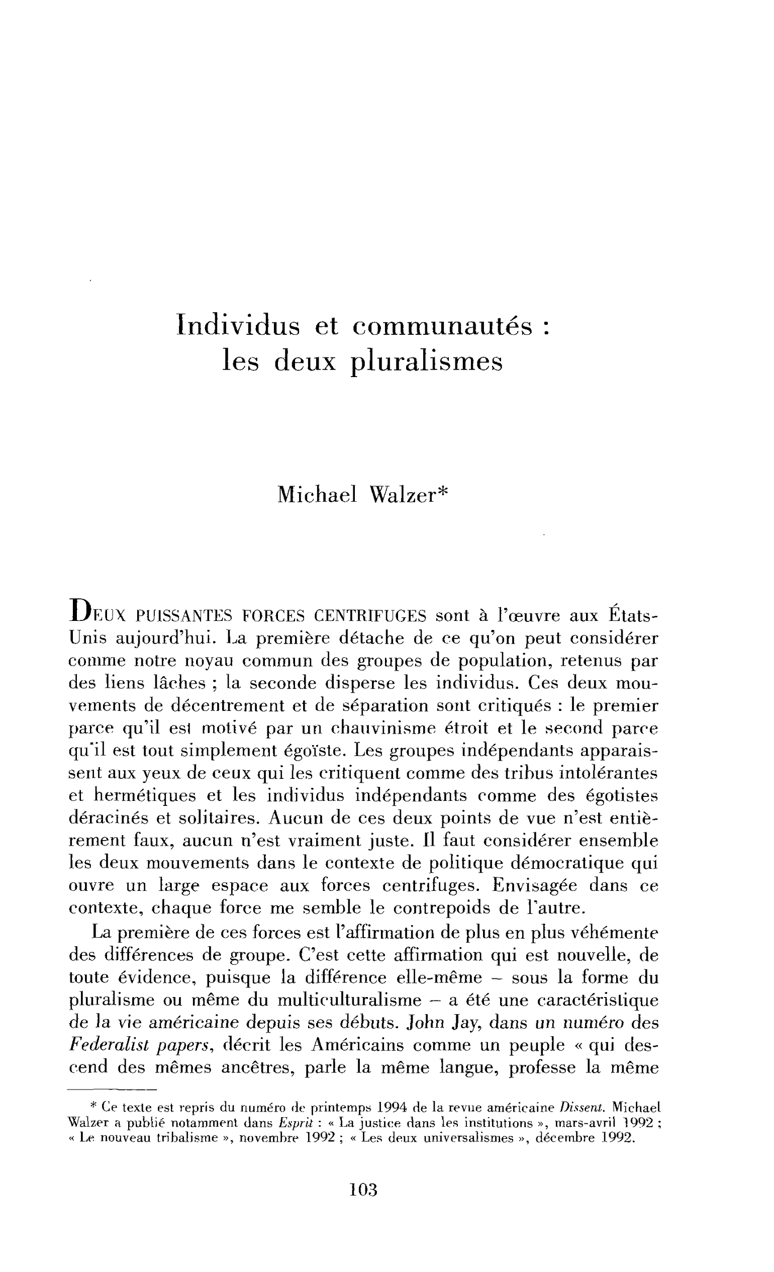 Individus et communautés : les deux pluralismes