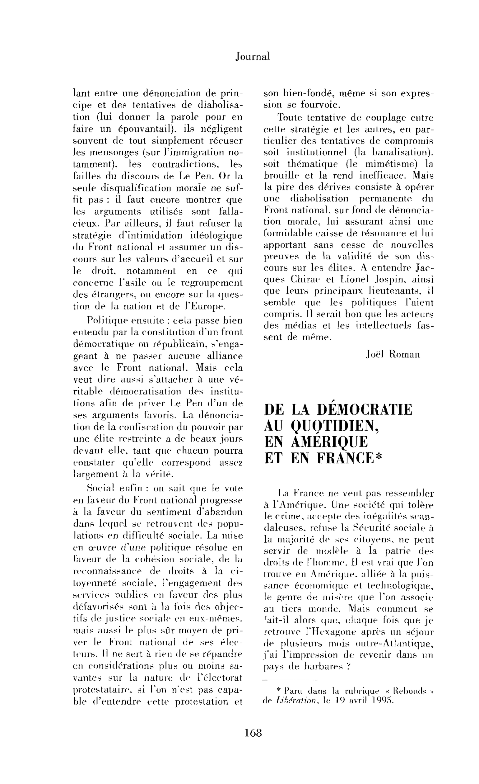 De la démocratie au quotidien, en Amérique et en France