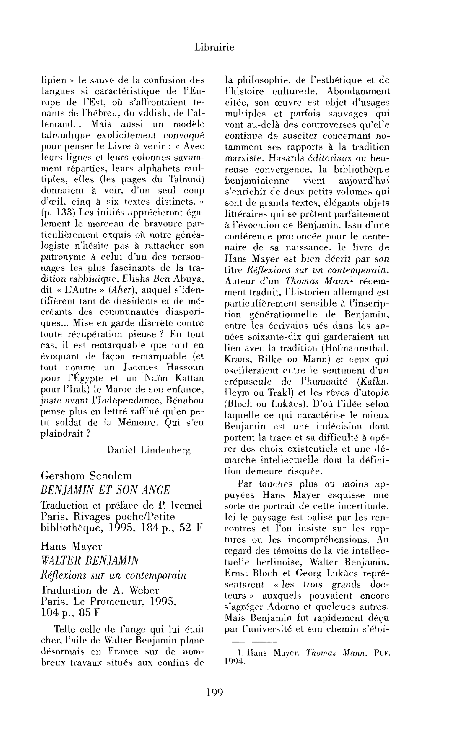 « Gershom Scholem : Benjamin et son ange ; Hans Mayer : Walter Benjamin. Réflexions sur un contemporain »