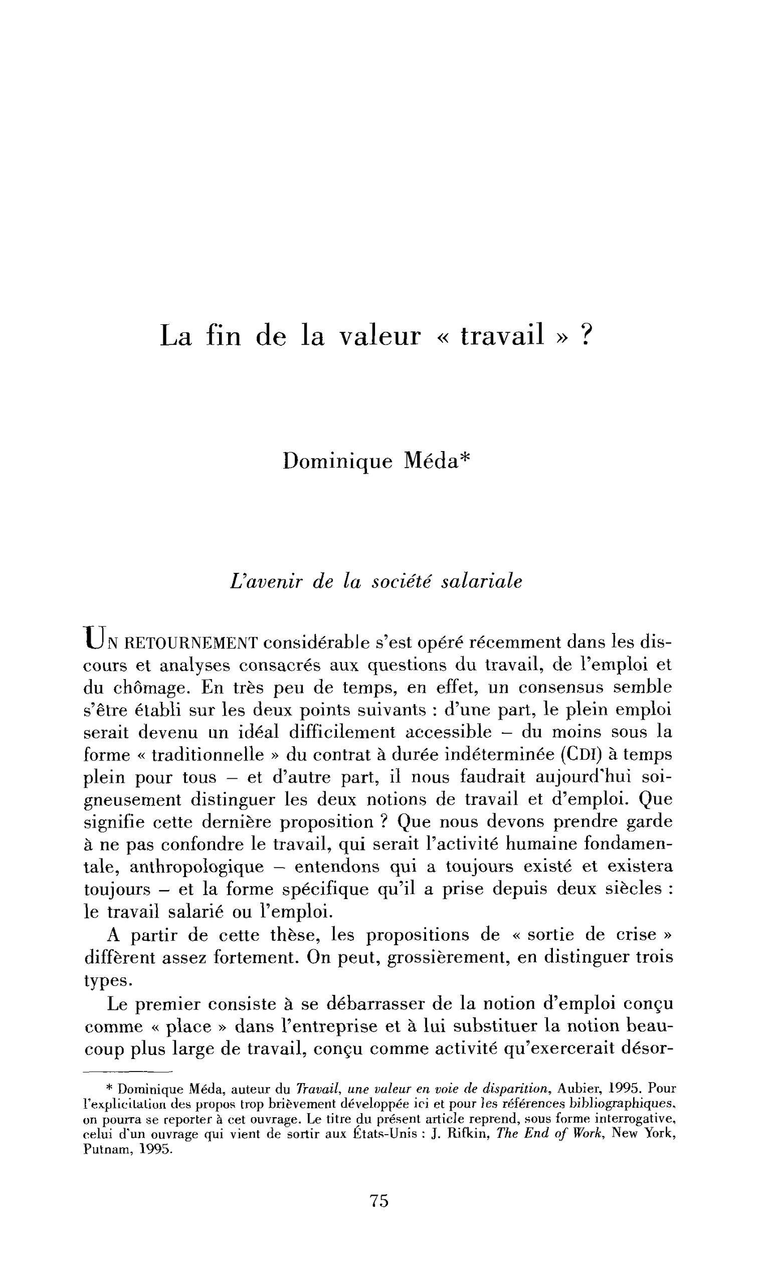 La fin de la valeur « travail » ?