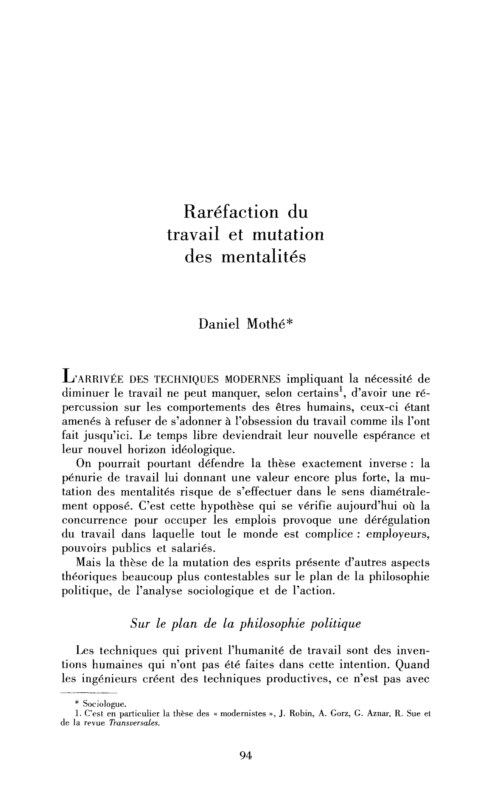 Raréfaction du travail et mutation des mentalités