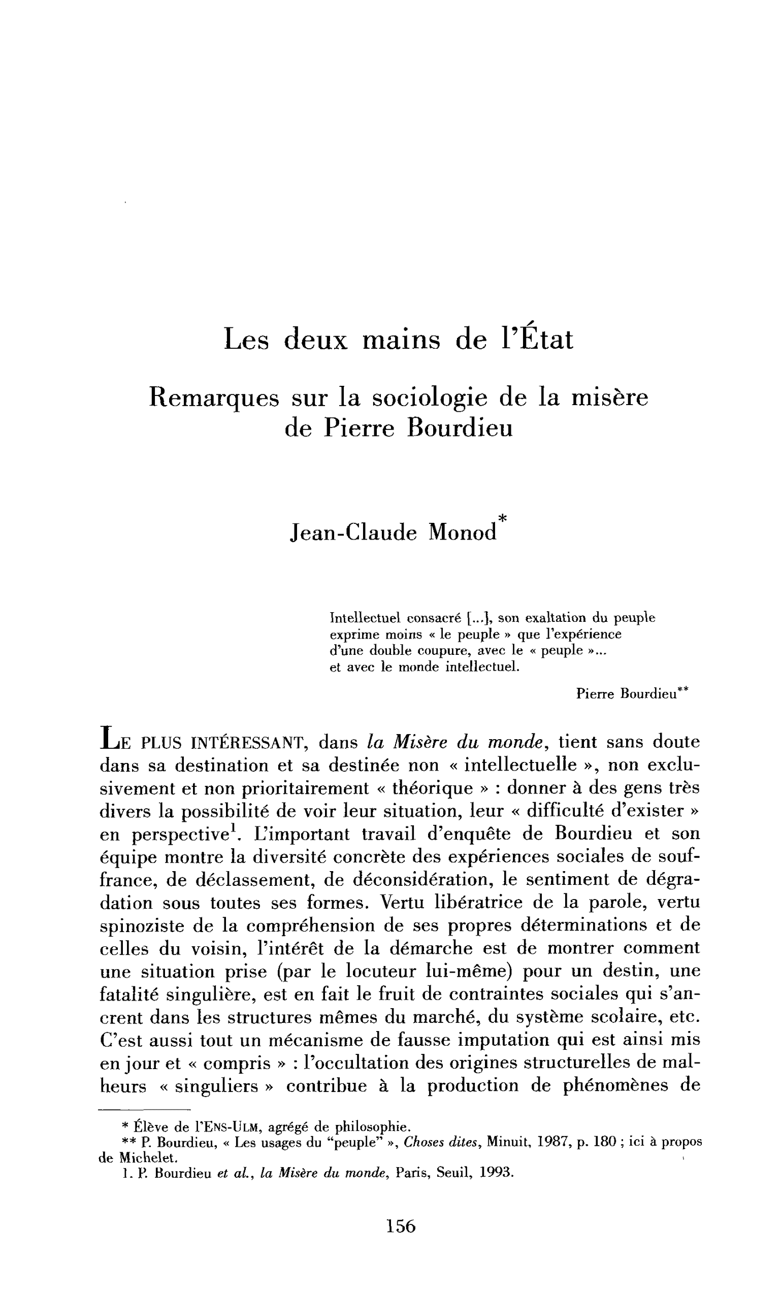 Les deux mains de l’État. Remarques sur la Sociologie de la misère de Pierre Bourdieu