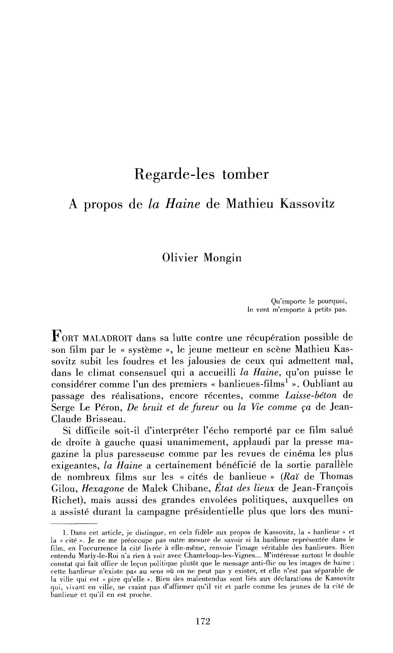 Regarde-les tomber. A propos de La Haine de Mathieu Kassovitz