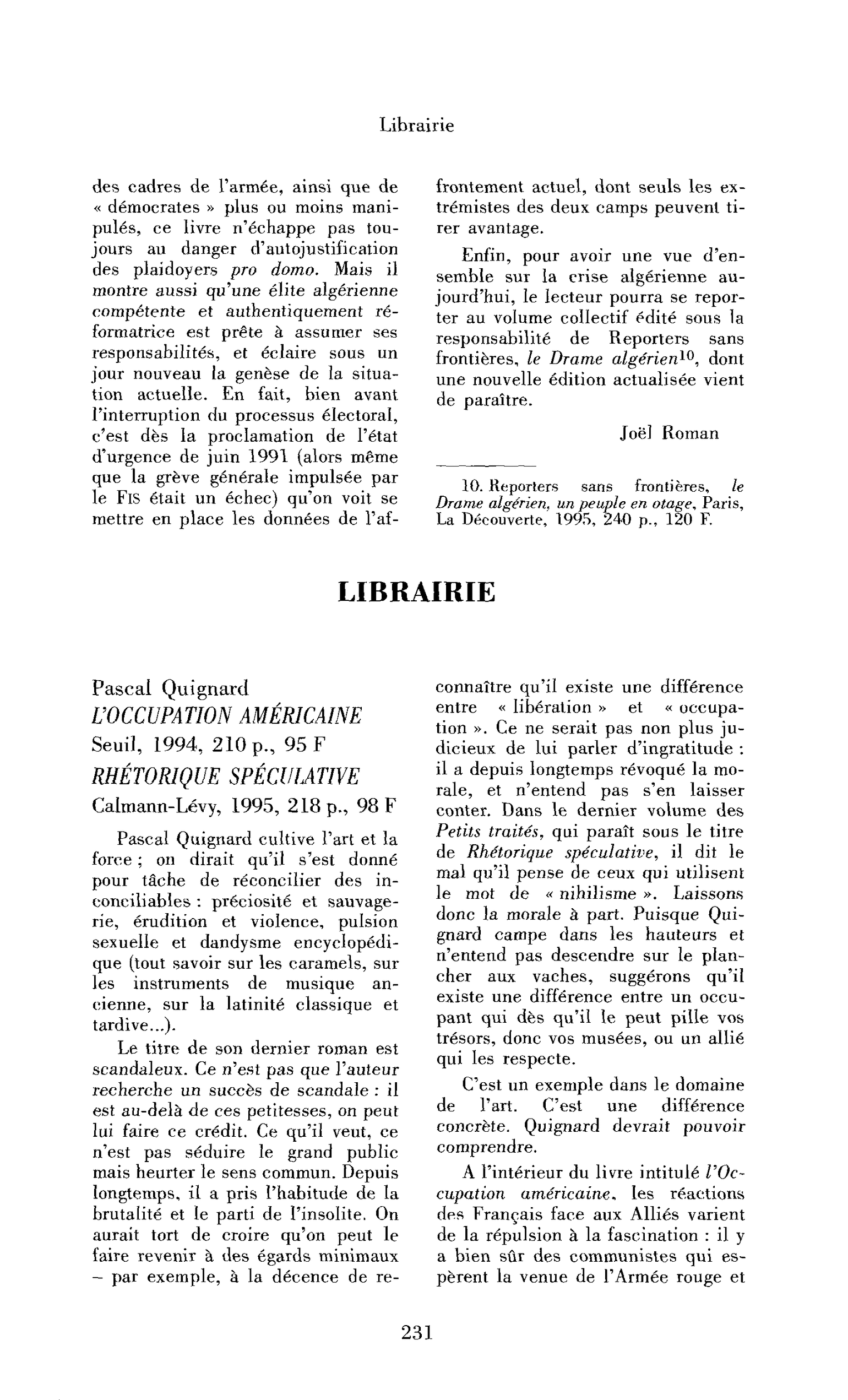 « Pascal Quignard : l’Occupation américaine ; Pascal Quignard : Rhétorique spéculative »