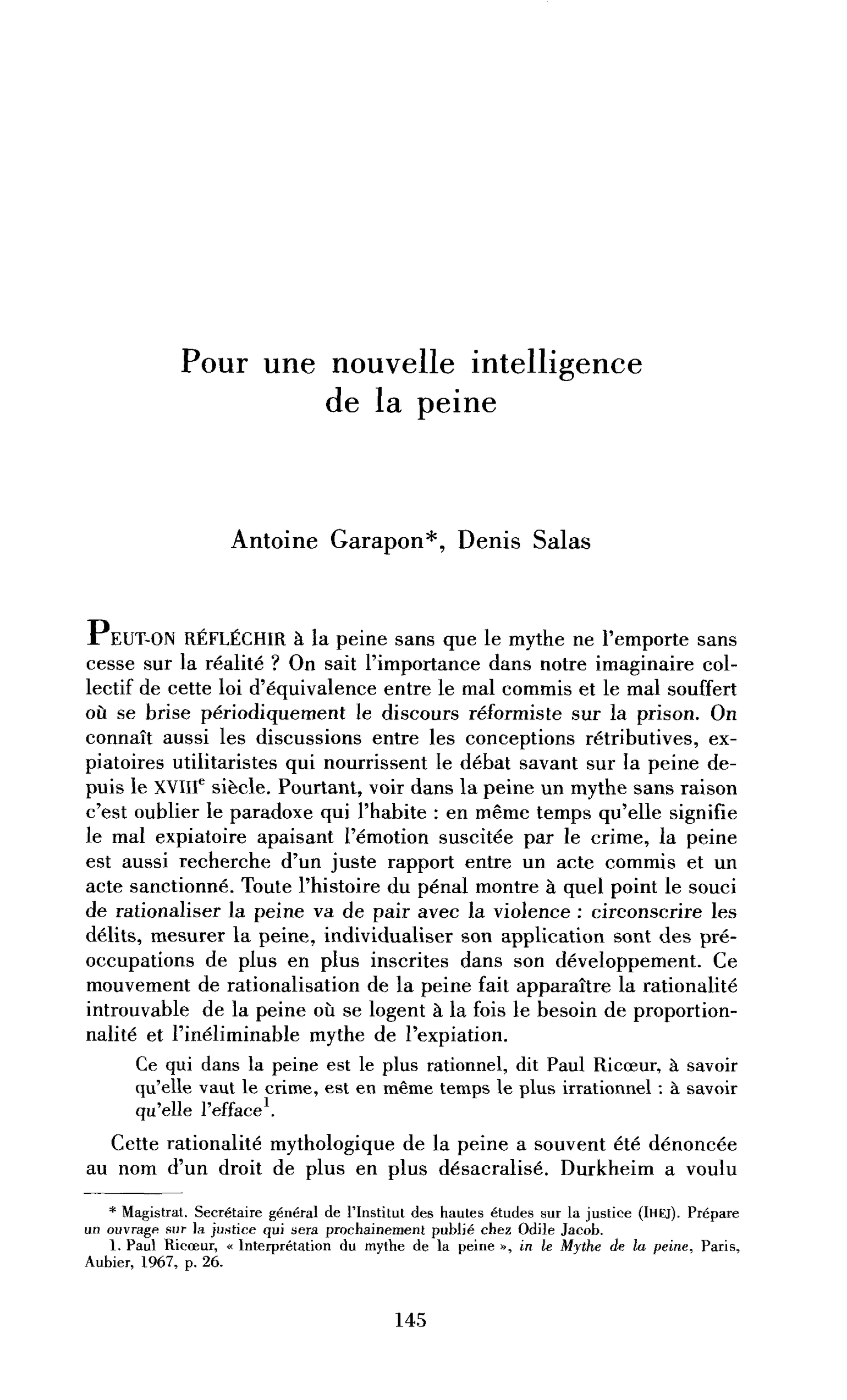 Pour une nouvelle intelligence de la peine