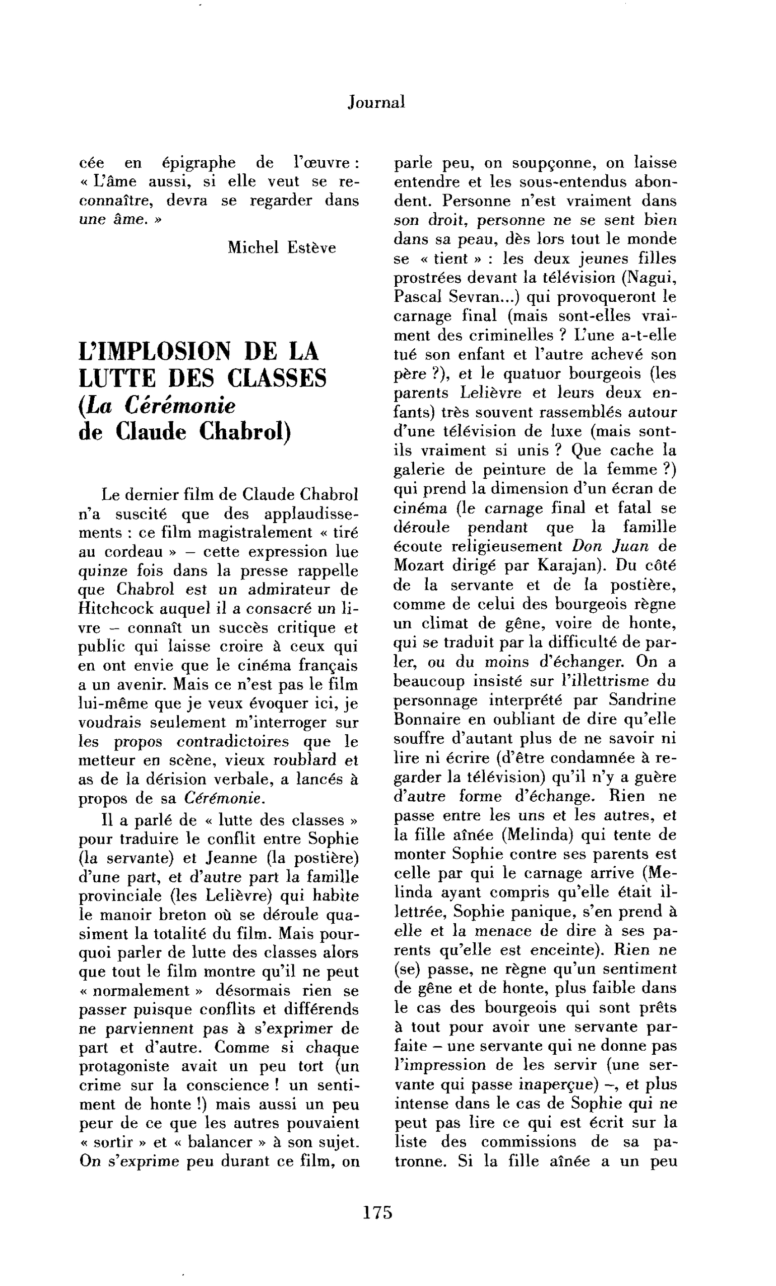 L’implosion de la lutte des classes (La Cérémonie de Claude Chabrol)