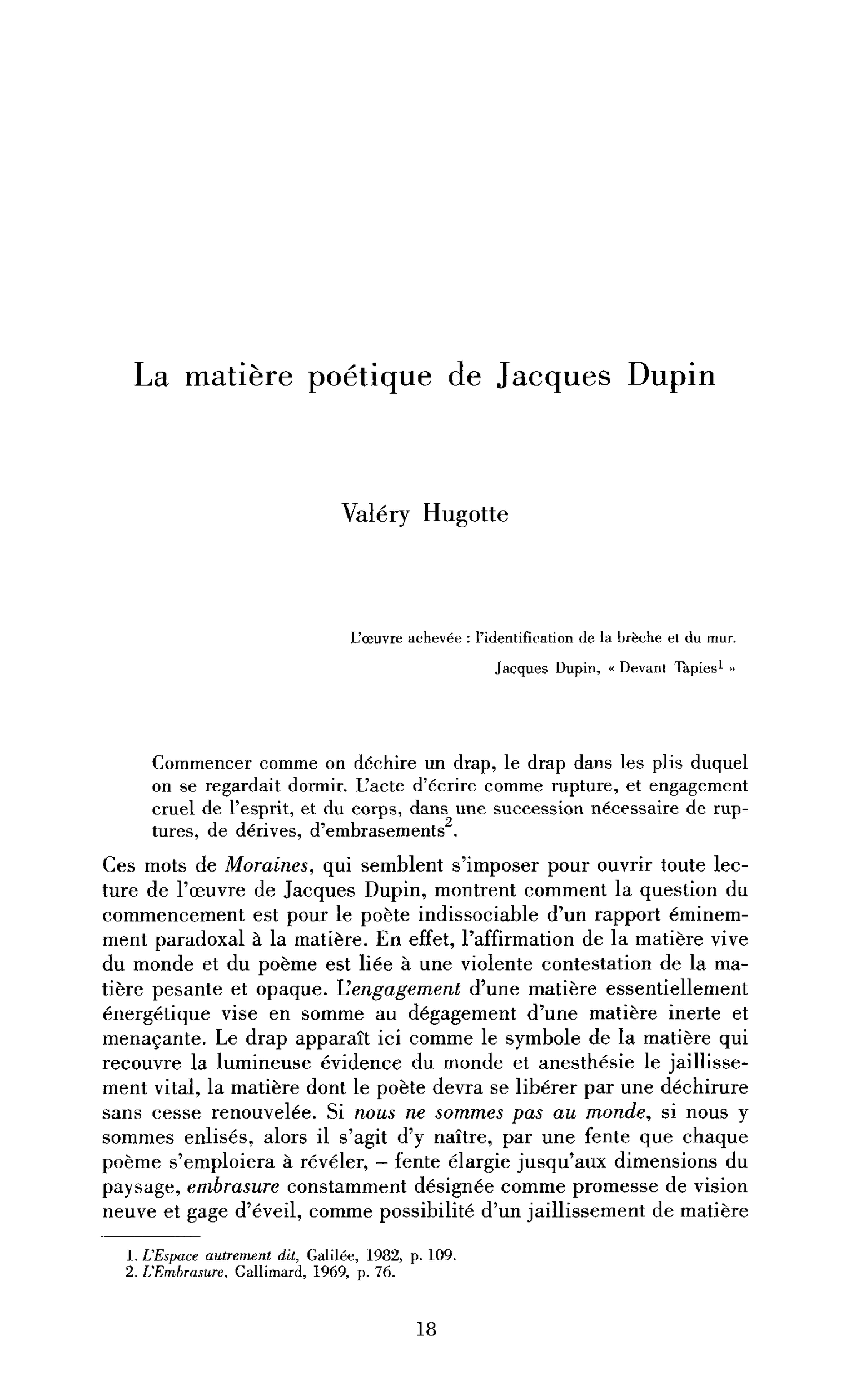 La matière poétique de Jacques Dupin