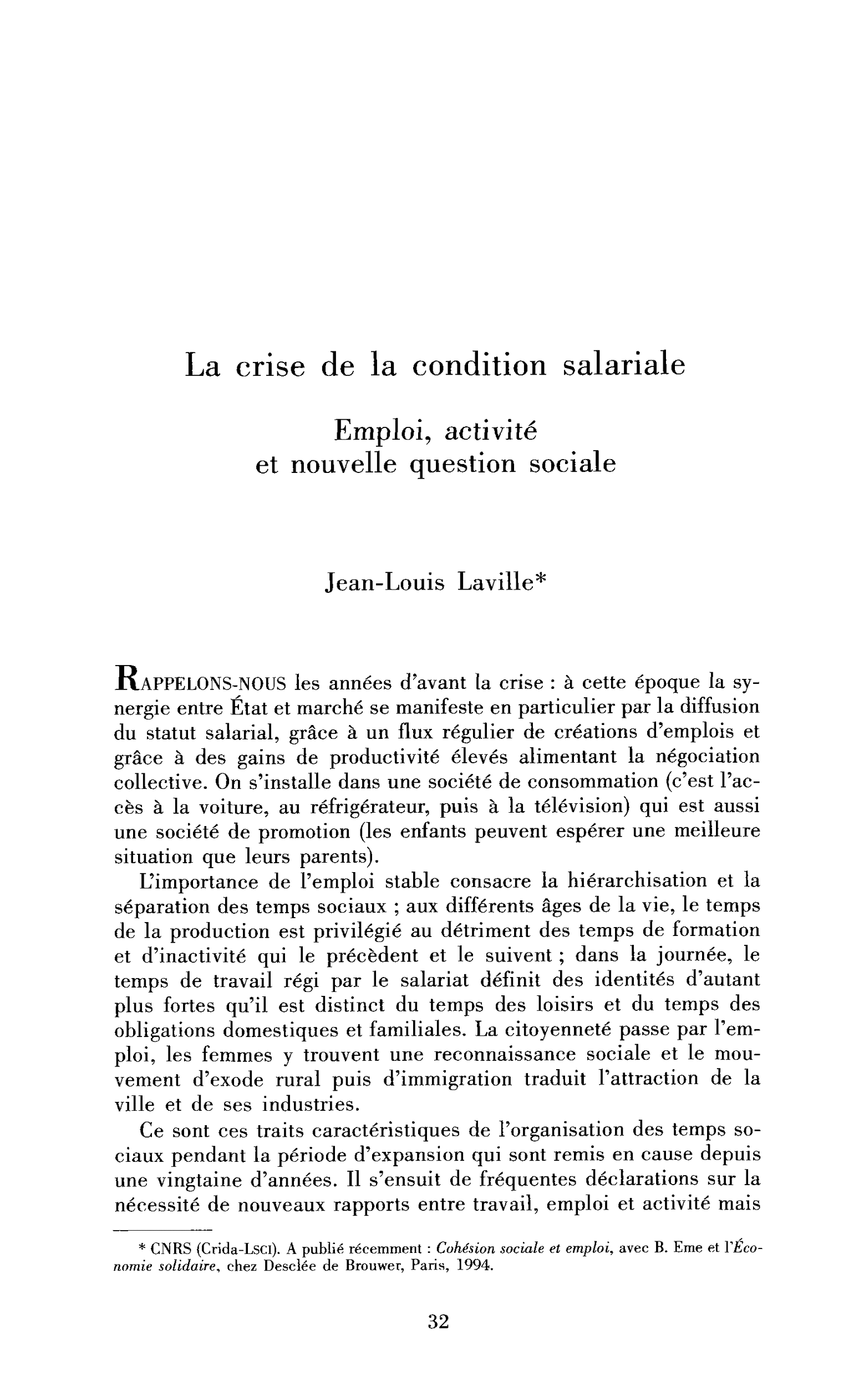 La crise de la condition salariale. Emploi, activité et nouvelle question sociale