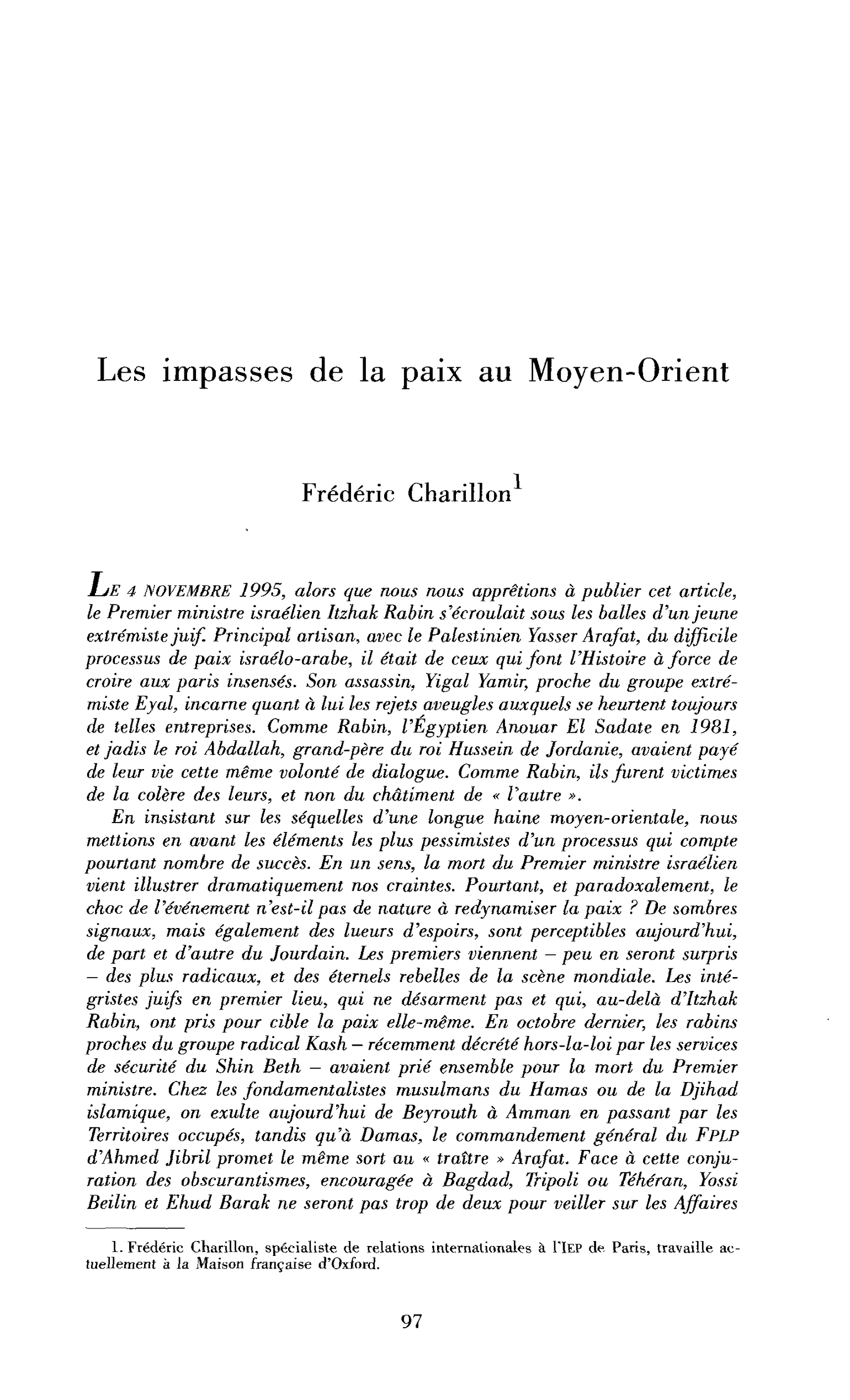 Les impasses de la paix au Moyen-Orient