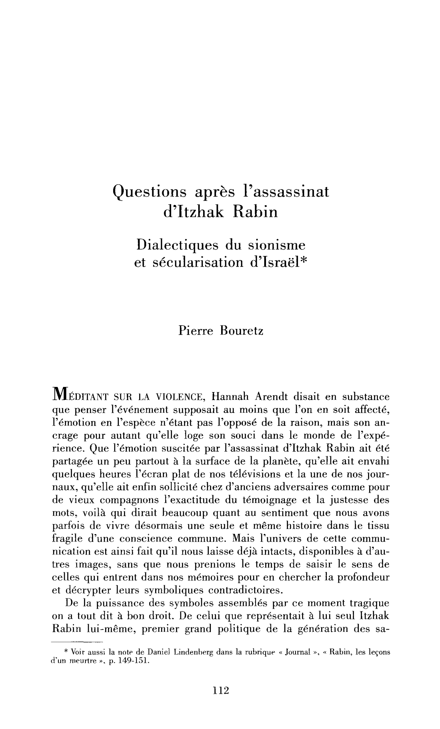 Questions après l’assassinat d’Itzhak Rabin. Dialectiques du sionisme et sécularisation d’Israël