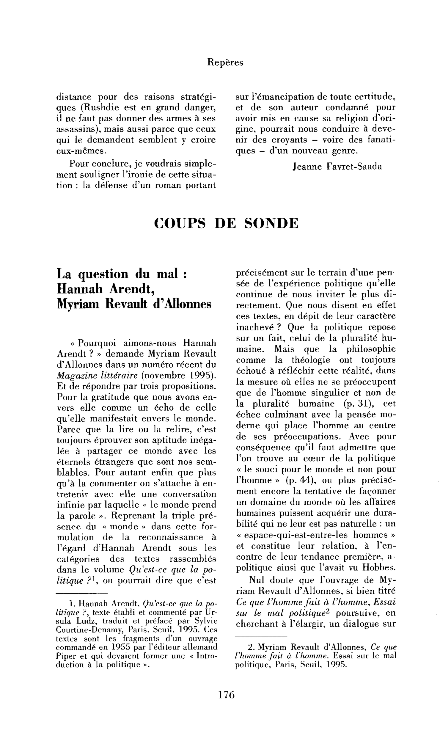 La question du mal : Hannah Arendt, Myriam Revault d’Allonnes