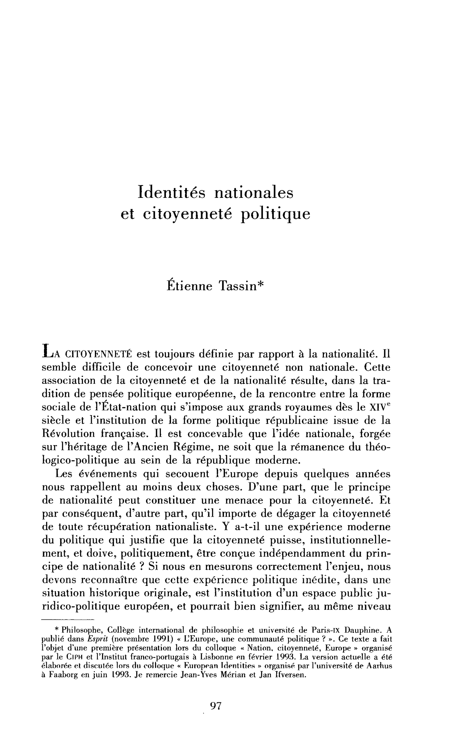 Identités nationales et citoyenneté politique