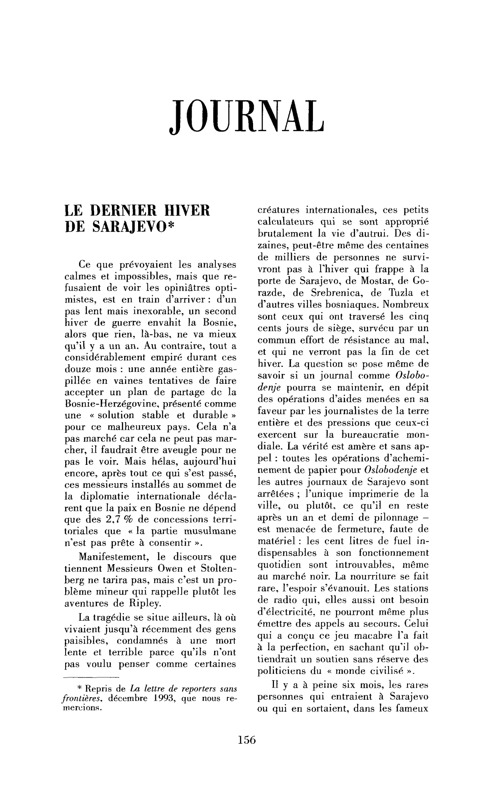 Le dernier hiver de Sarajevo