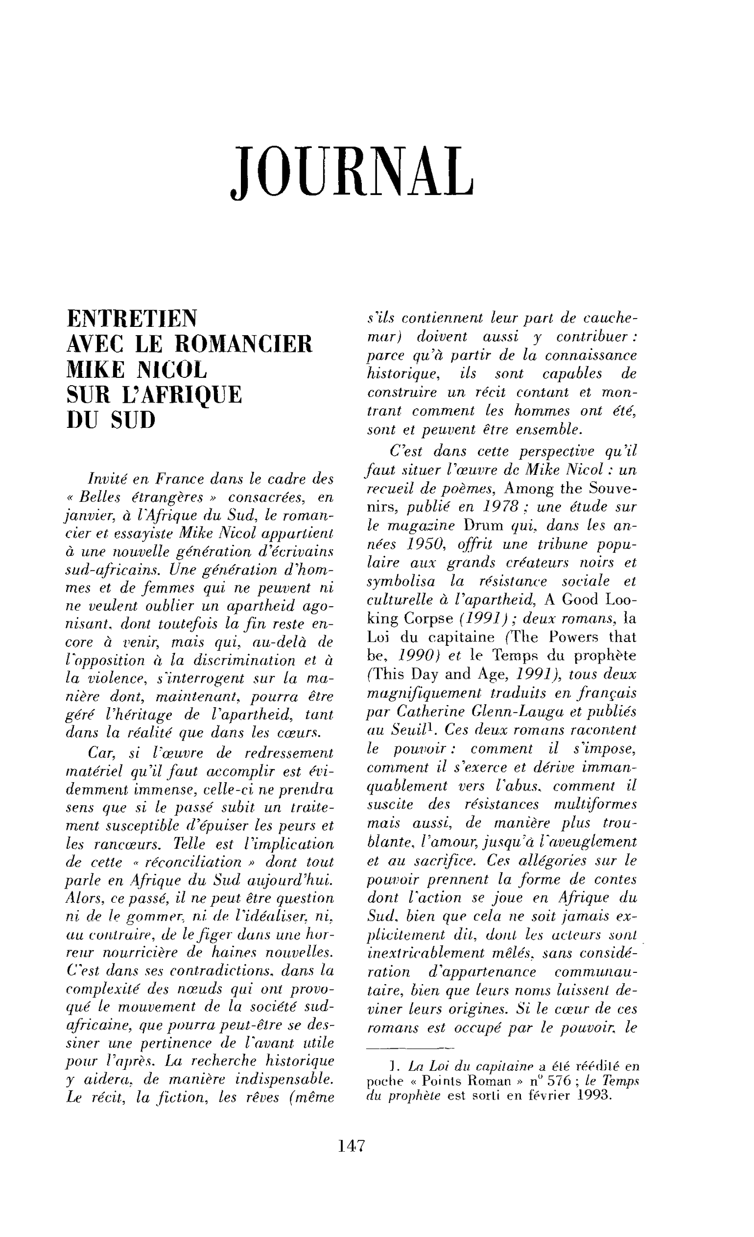 Entretien avec le romancier Mike Nicol sur l’Afrique du Sud (entretien)