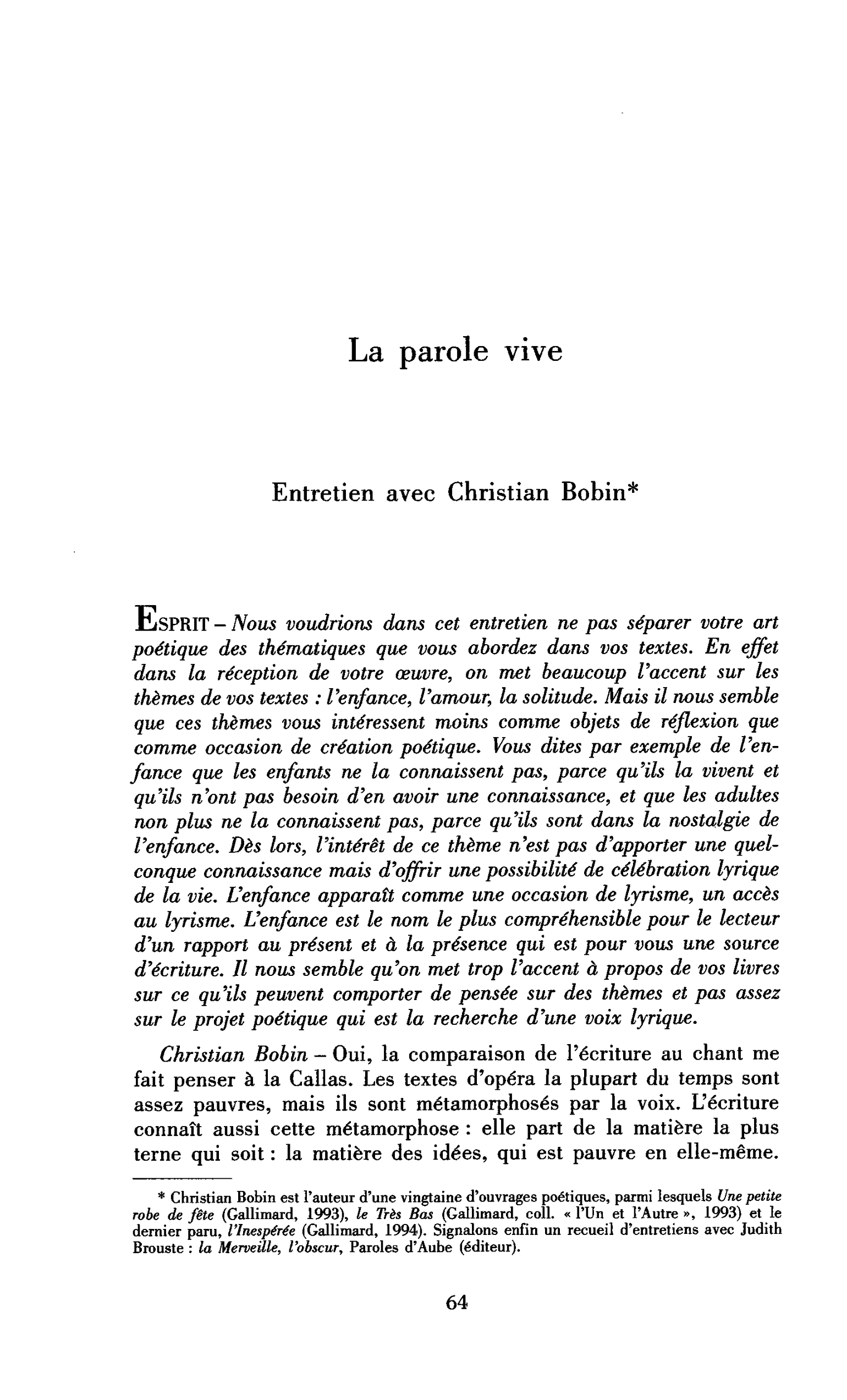La parole vive (entretien)