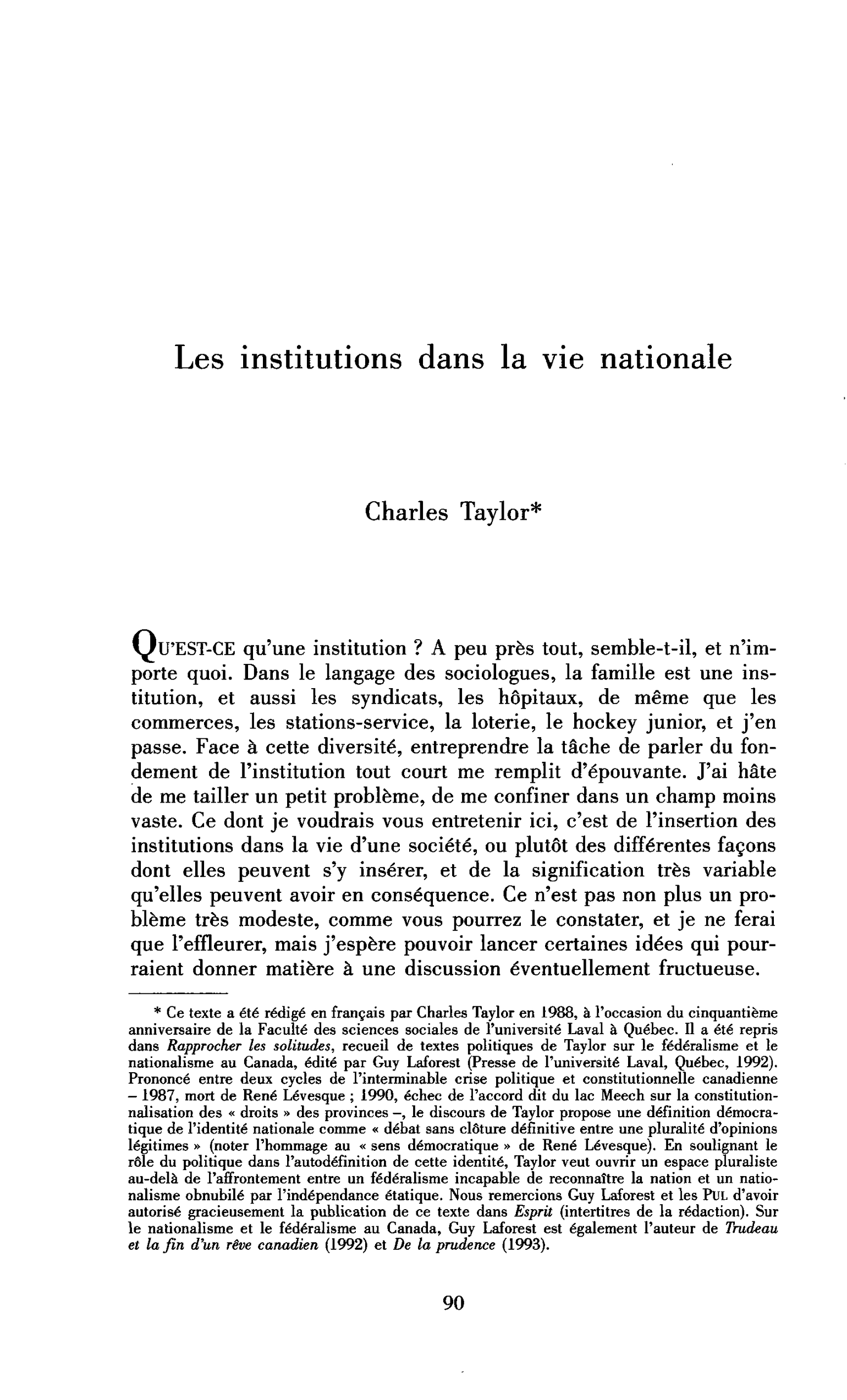 Les institutions dans la vie nationale