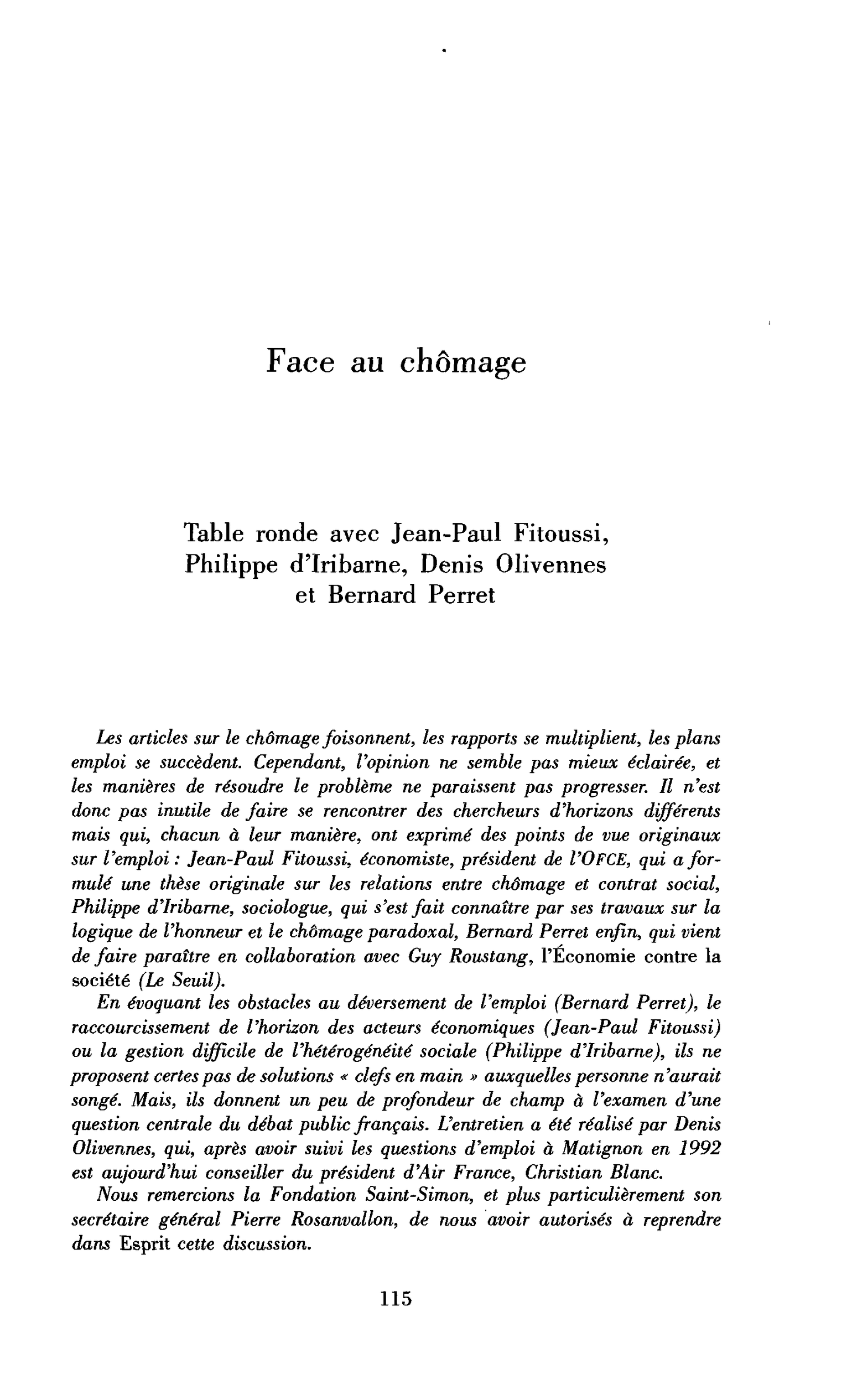 Face au chômage (table ronde)