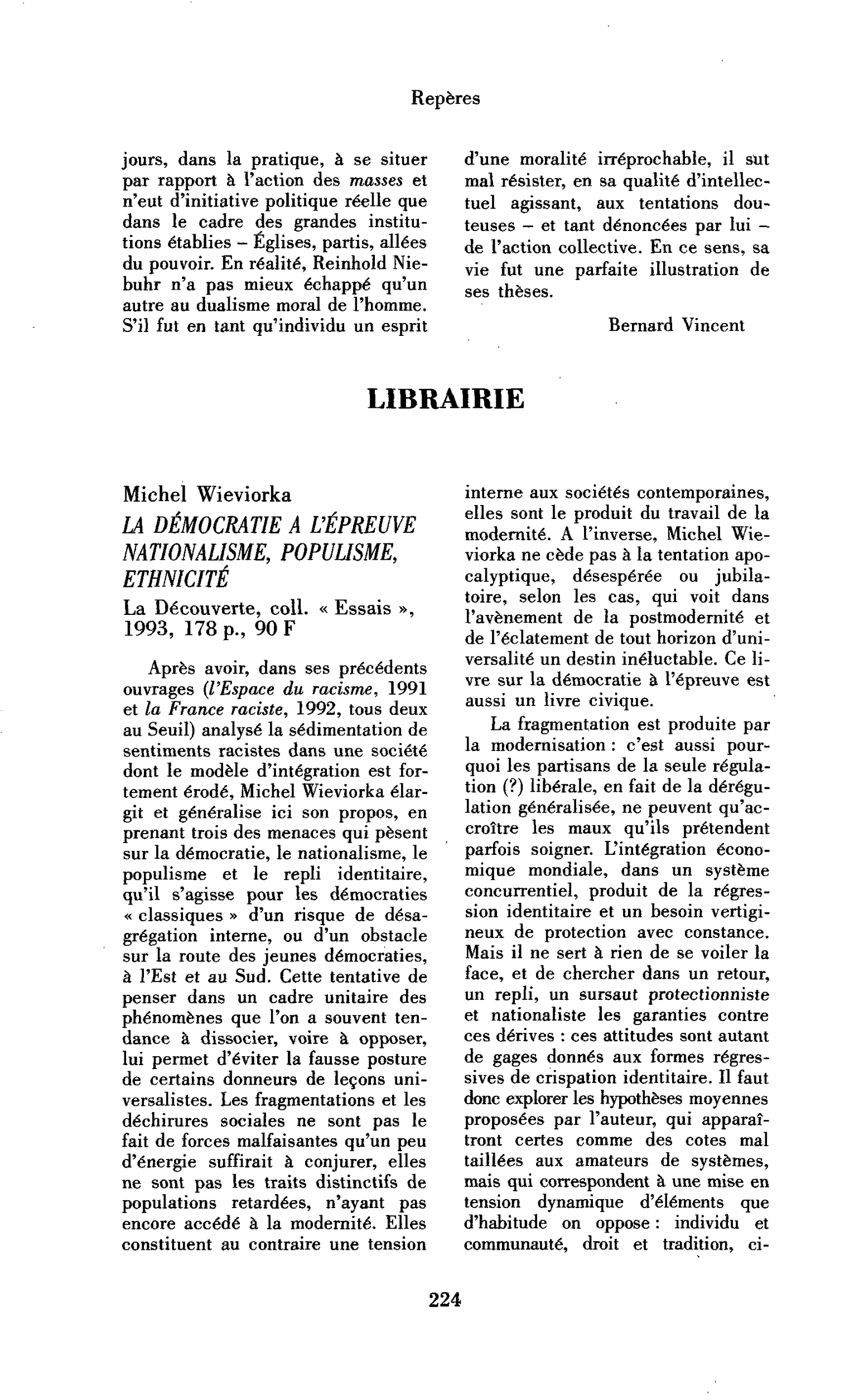 Michel Wieviorka : la Démocratie à l’épreuve. Nationalisme, populisme, ethnicité