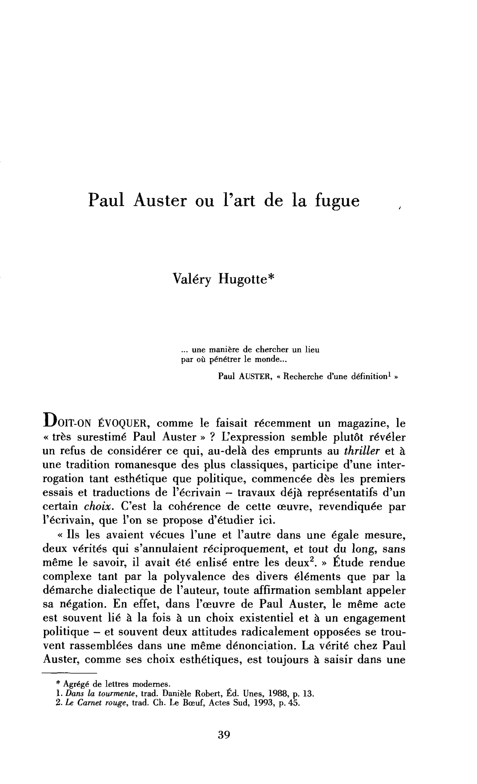 Paul Auster ou l’art de la fugue